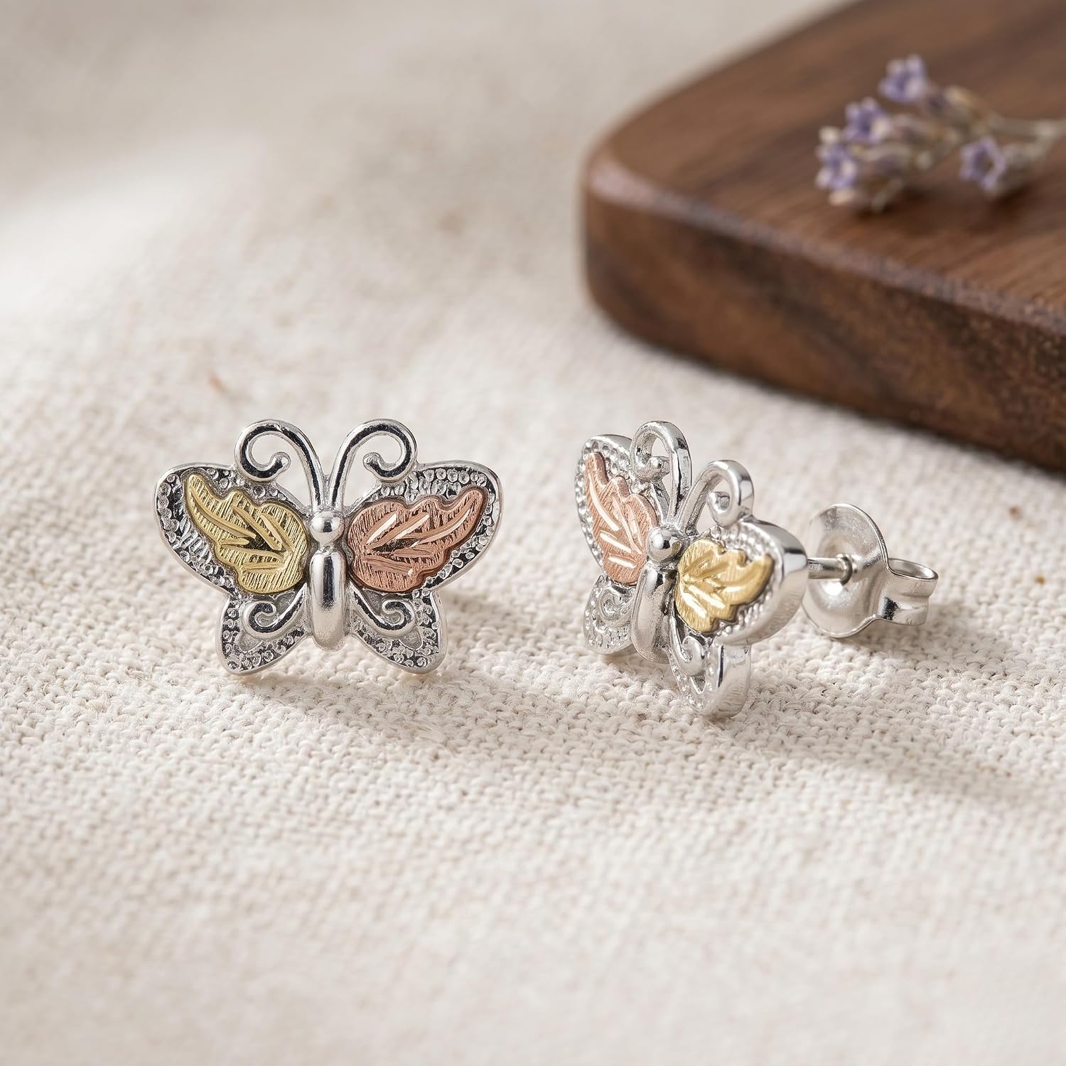 Sterling Silver Petite Butterfly Earrings Black Hills Gold 12k Green & Rose Gold Leaf Wings Rhodium-Plated Hypoallergenic Butterfly Stud Earrings for Women