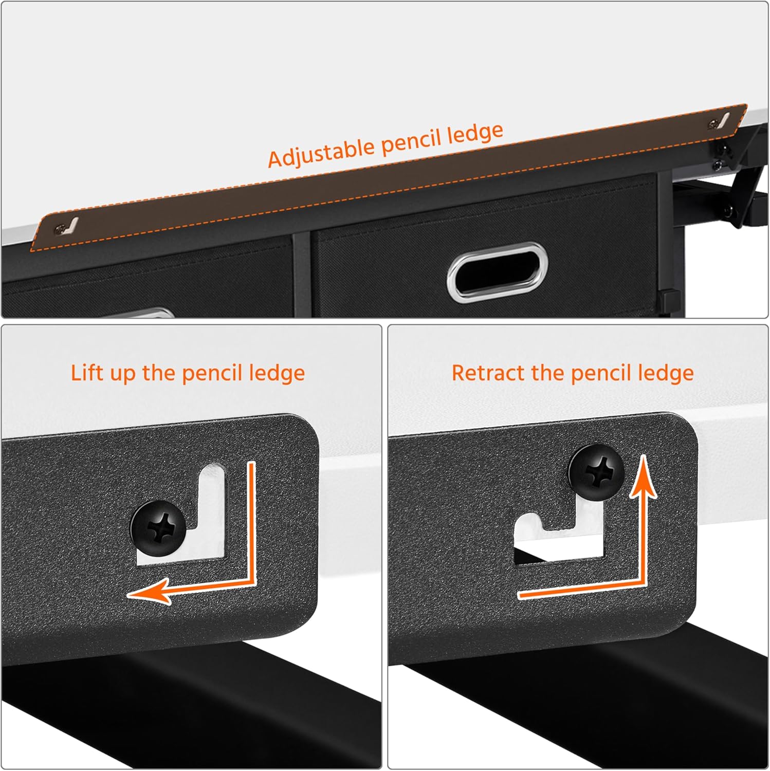 Two images demonstrating how to lift and retract the adjustable pencil ledge.