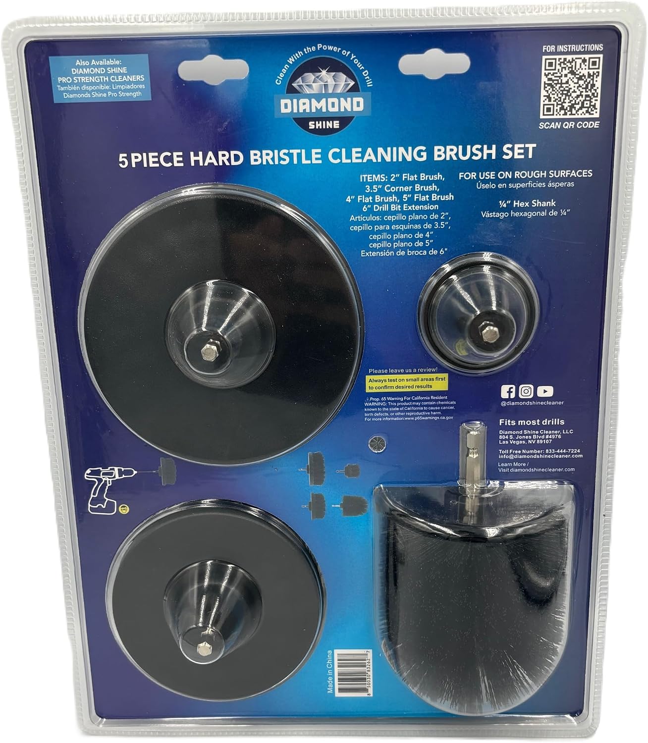 Diamond Shine 5-Piece Firm Bristle Drill Brush Set with 6” Extension Rod – Black Nylon Power Scrubber, 2-5 Inch Heads for Tile, Grout, Tubs & Outdoor Cleaning image 4