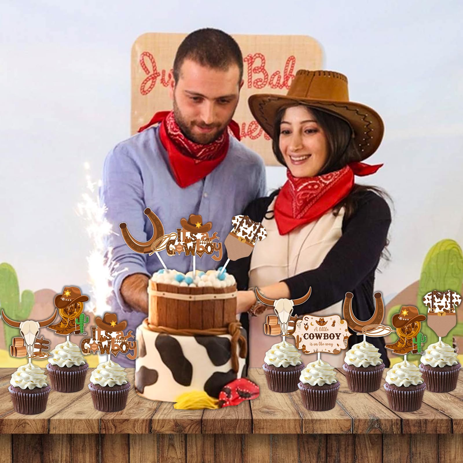 Cowboy Cake Topper Decoration - Glitter Western Theme For Baby Shower & Birthday, Cardboard With Support Stick - View #11