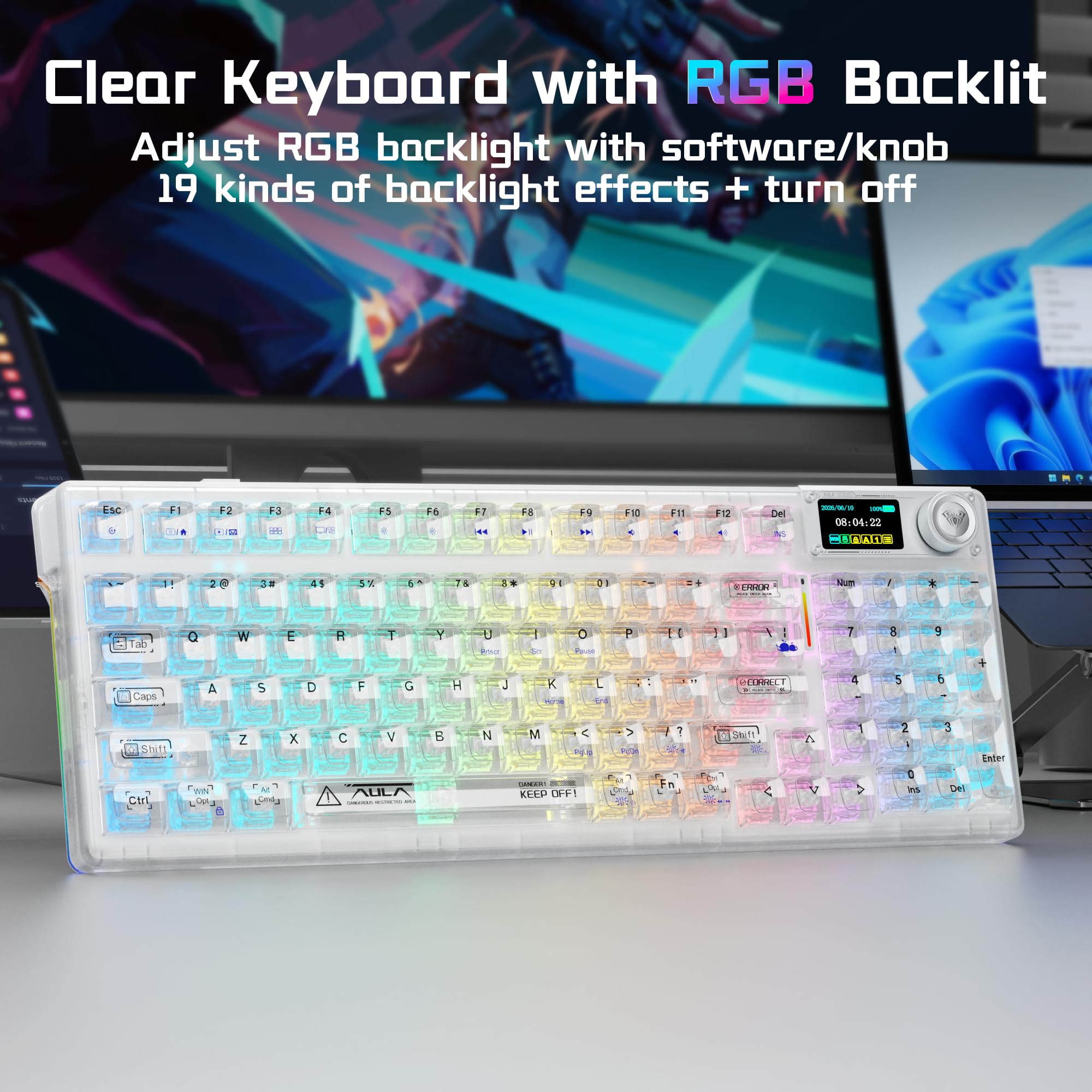 AULA F98Pro V3 Kabellose Gaming Tastatur mit Display & Knopf | BT/USB-C/2,4GHz,Gasket,Hot-Swap,10000mAh,Transparente Keycaps,RGB,Makro Software,Wireless Mechanische Tastatur für Tablet/PC