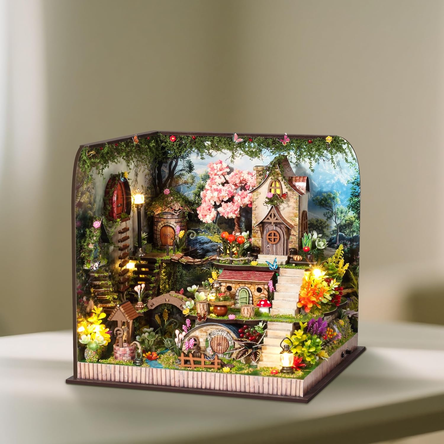 DIY Miniature Dollhouse Kit, Forest Fairyland with Cherry Blossom Tree, Tiny House Building Kit for Adults DIY Crafts Birthday for Family Friends