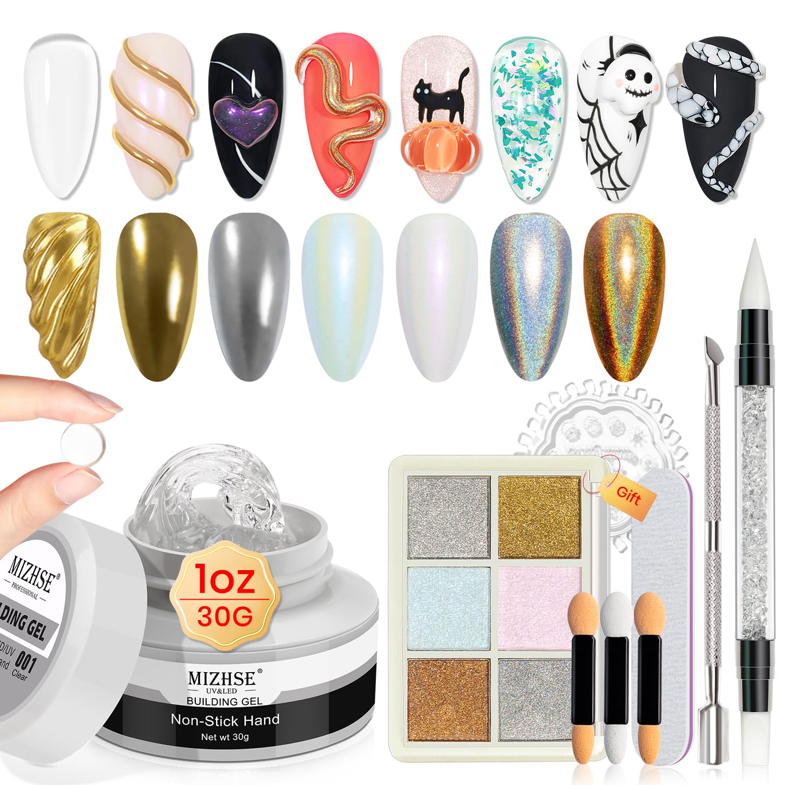 MIZHSE Solid Builder Gel - 1 oz Clear Non Stick Hand Hard Gel with 6 Colors Chrome Nail Powder and Nail Form Extension Kit for Salon and Home DIY