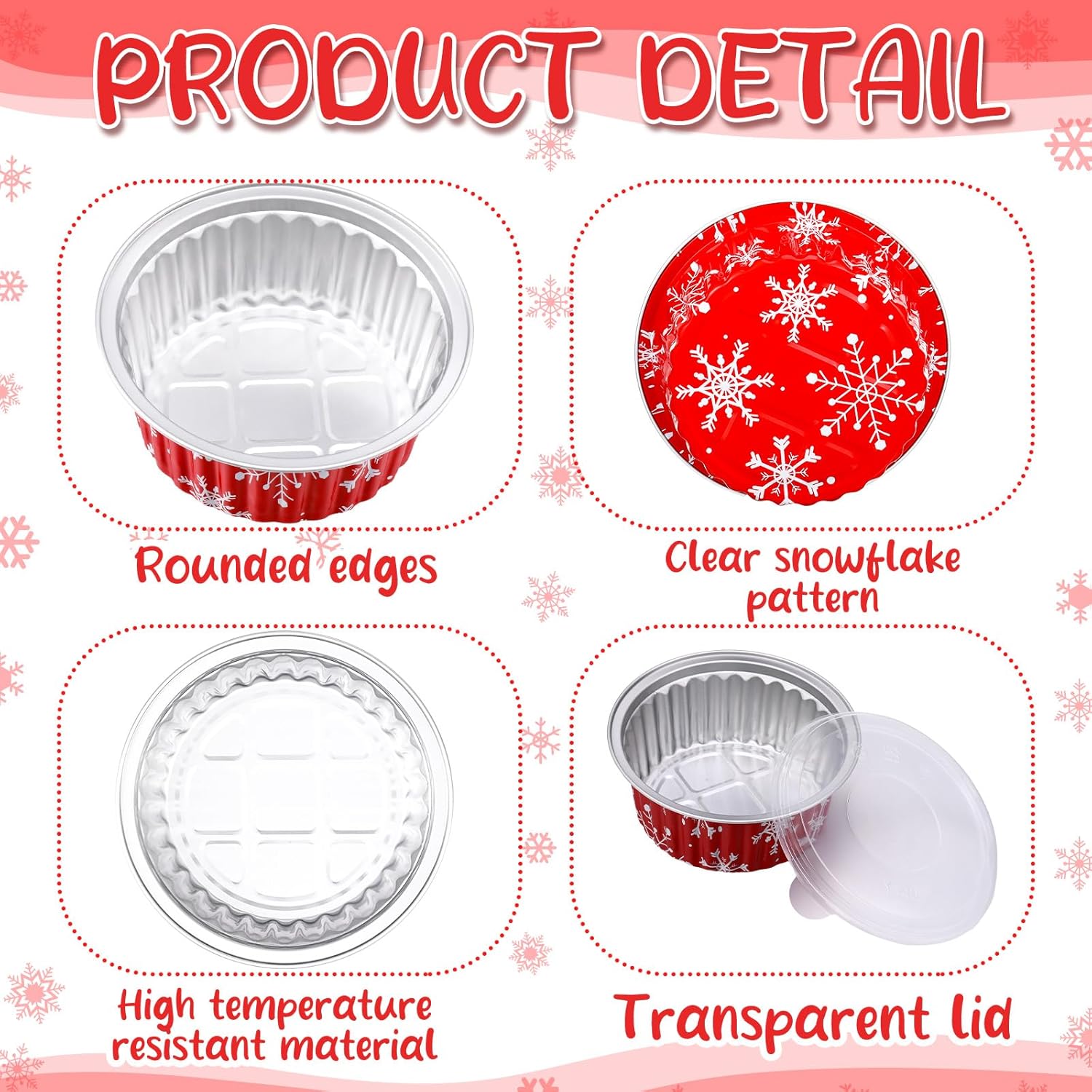 50 Pcs 1lb Christmas Bread Loaf Pans with Lids Snowflake Aluminum Loaf Pans Xmas 580ml Mini Round Disposable Baking Cupcake Tin Christmas Containers for Food Packing Gifts