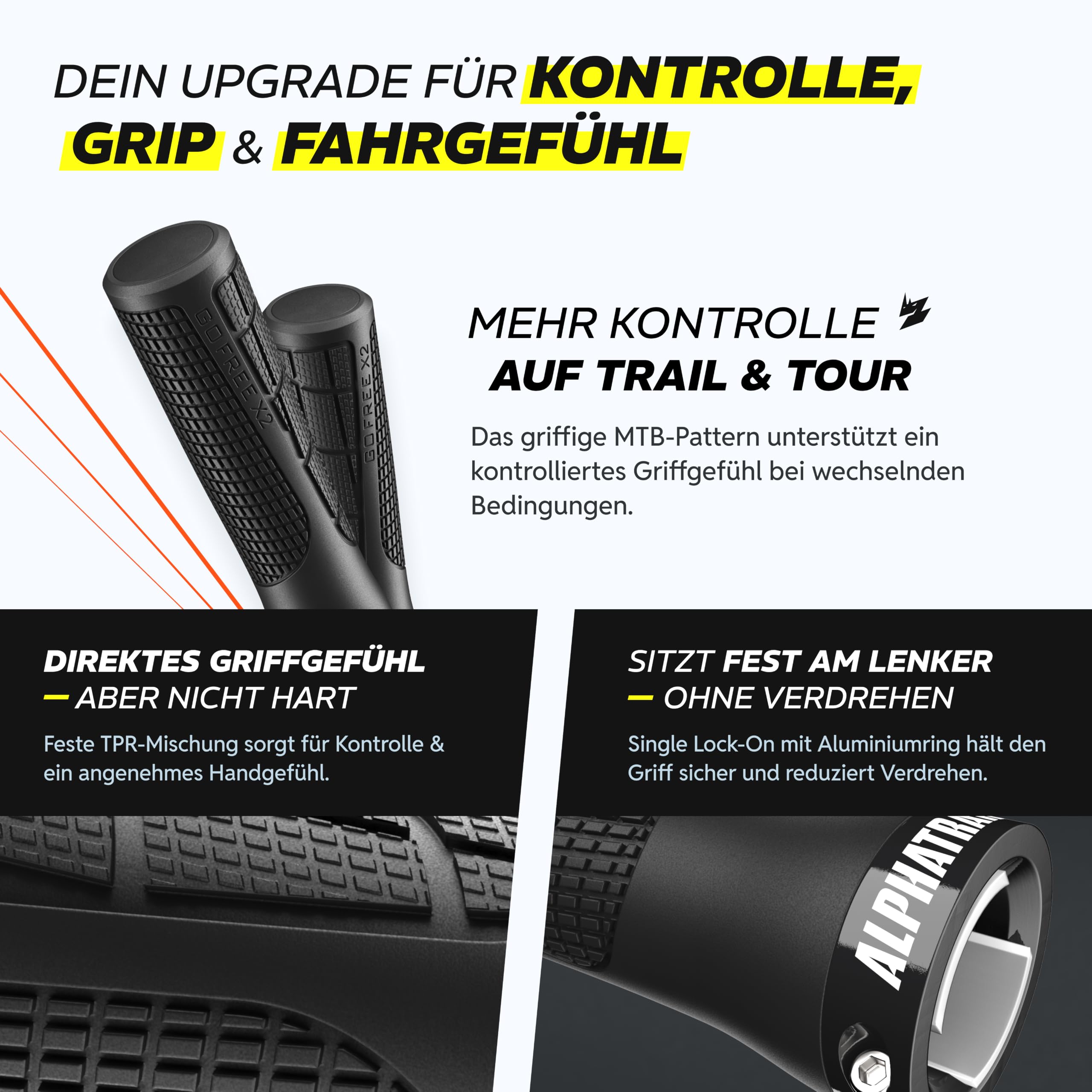 Alphatrail GoFree MTB Griffe für Fahrrad & E-Bike, Trail-Grip mit Dämpfung, Lock-On Lenkergriffe 22,2 mm, 1 Paar, 120 g, Fahrradgriffe für Trail & Tour