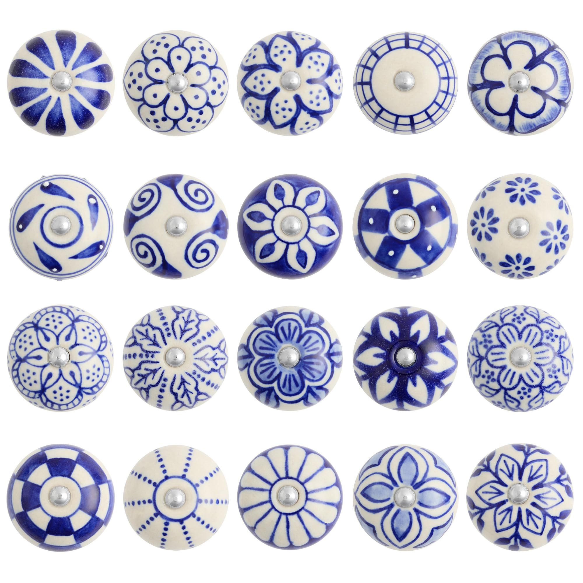 Set da 20 Pomelli in ceramica vintage dipinte a mano – ideali come pomelli cassetti, armadi, porte da cucina e cassettiere. Decorativi e colorati con varie tonalitá di azzurro.