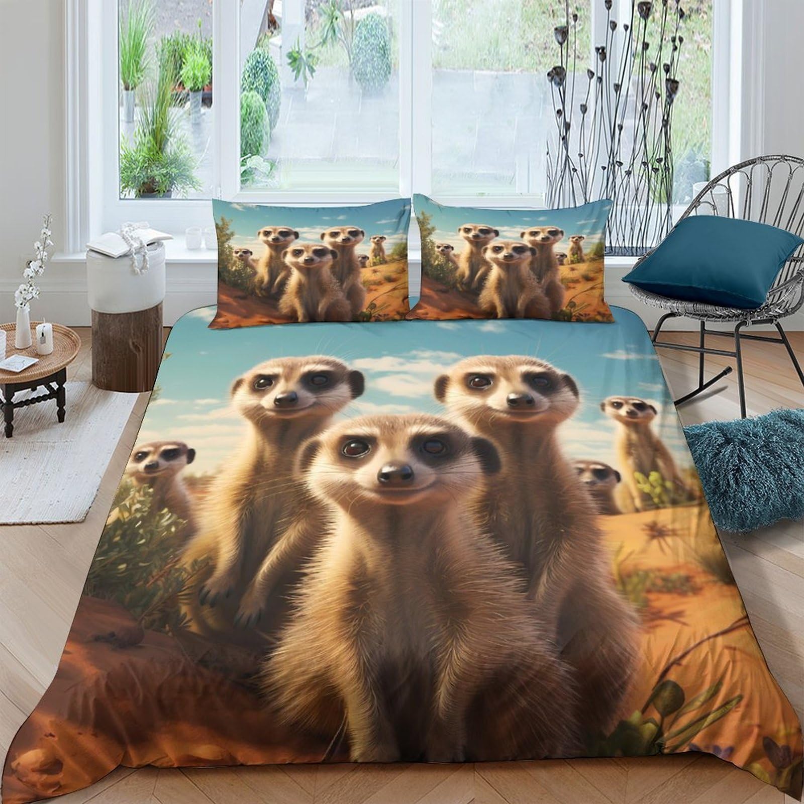 GPLZQXKJNH 3D Printed Meerkat Animal Duvet Cover Set Microfiber Soft Breathable Desert Scenery Bedding with 2 Pillowcases for Bedroom Decor Single（135x200cm）