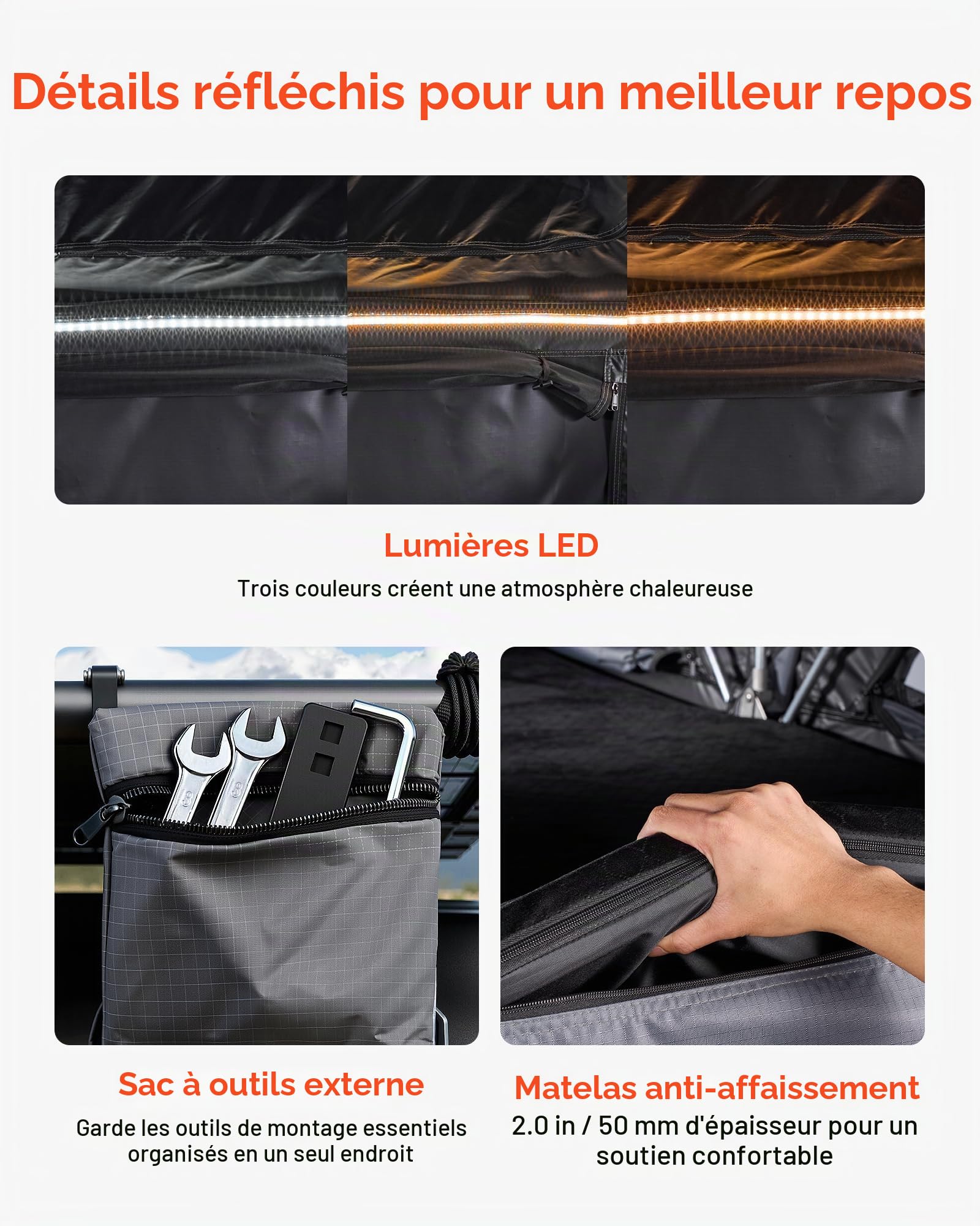 VEVOR Tente de Toit pour Voiture Pliable, Tente de Toit à Coque Rigide pour 2-3 Personnes, pour Camping Caravane SUV, en Aluminium, Étanche et Coupe-Vent, avec Éclairage LED, Matelas et Fenêtres