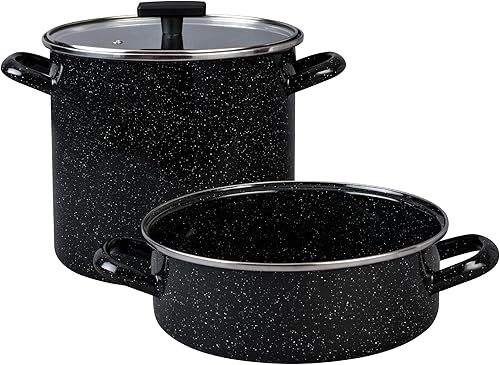 Granite Ware Juego de utensilios de cocina de 3 piezas, olla de 8 cuartos de galón y cazuela de 3 cuartos con tapa de vidrio, negro moteado