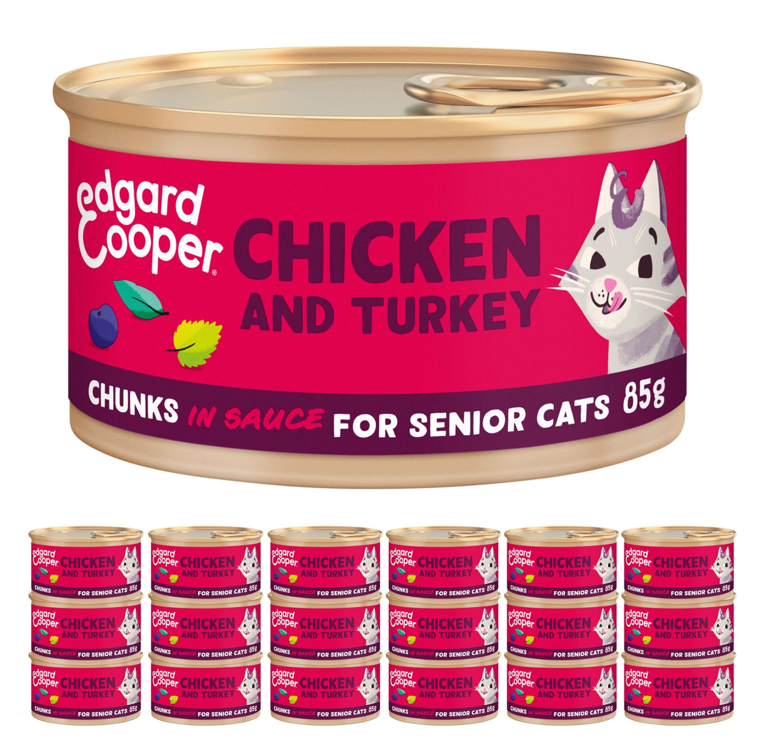 Edgard Cooper Senior Grain Free Wet Cat Food in Gravy for Adult Cats (Chicken&Turkey 16 x 85g), Natural Cat Food in Chunks for Sterilized or Active Cats, No Added Sugar