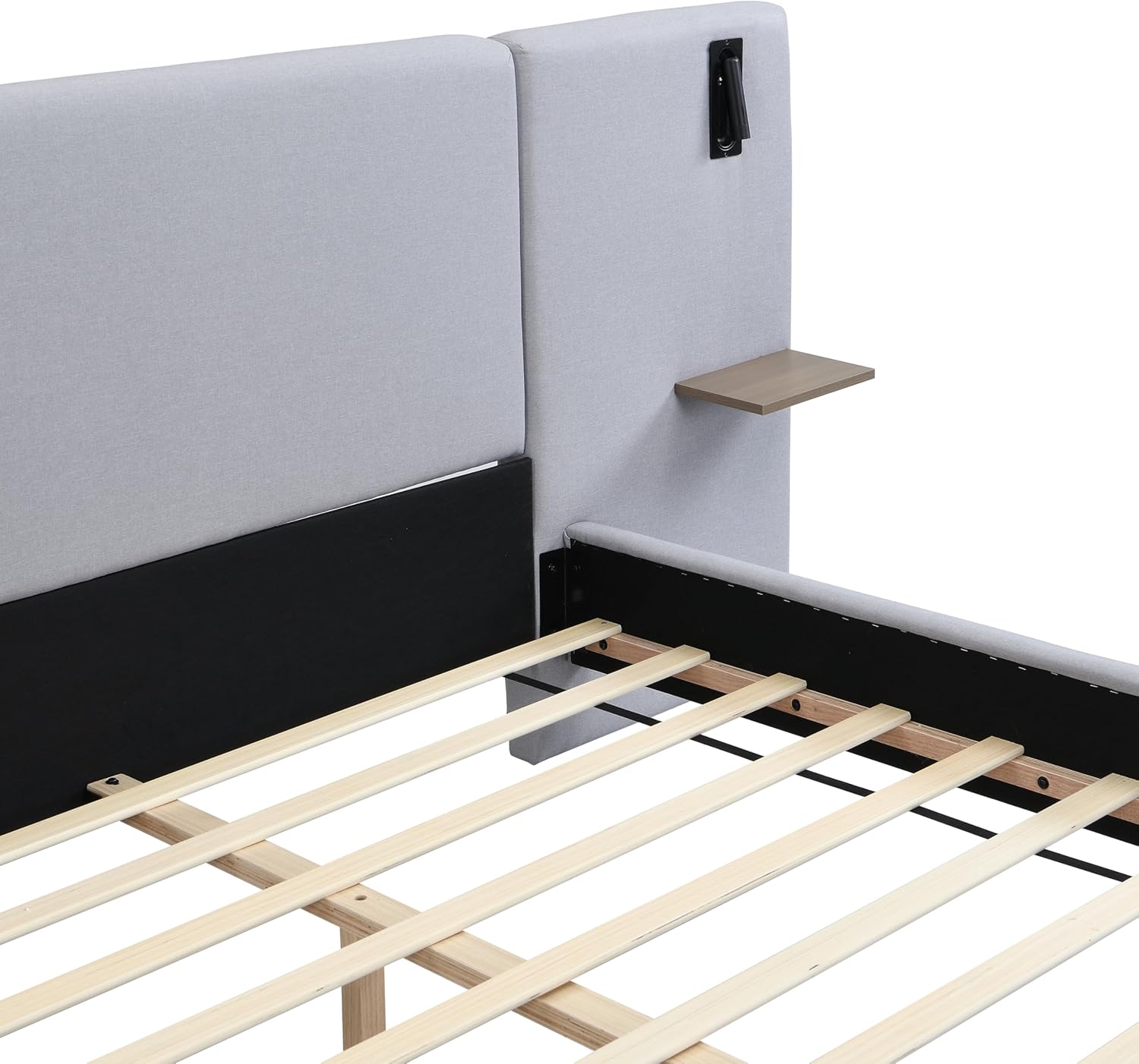 Upholstered Platform Bed with Integrated Lights and Shelves, Chic Boucle Bed Frame, Queen Size, Grey