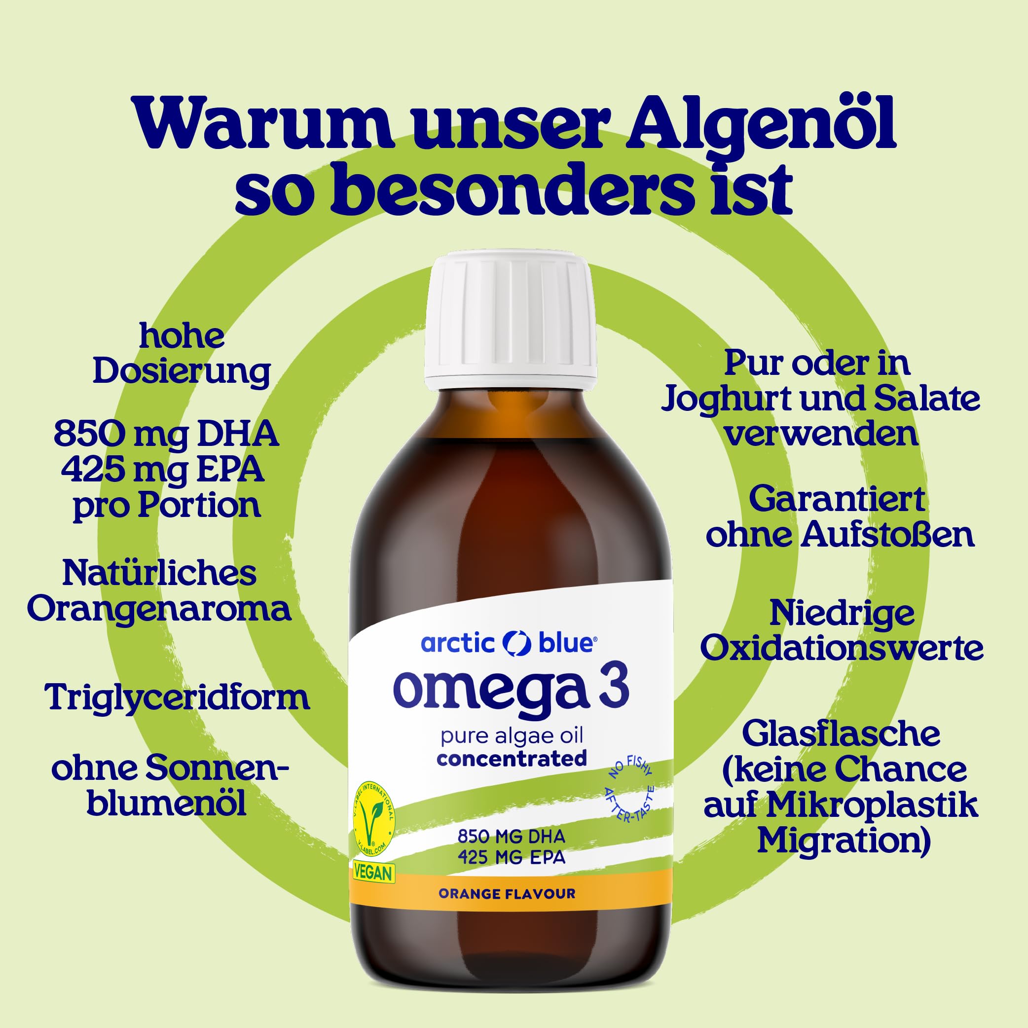 Arctic Blue Premium Omega 3 veganes Algenöl 150 ml – 850 mg DHA & 425 mg EPA pro Portion – hochdosiert, vegan & flüssig – Orangengeschmack – nachhaltig produziert