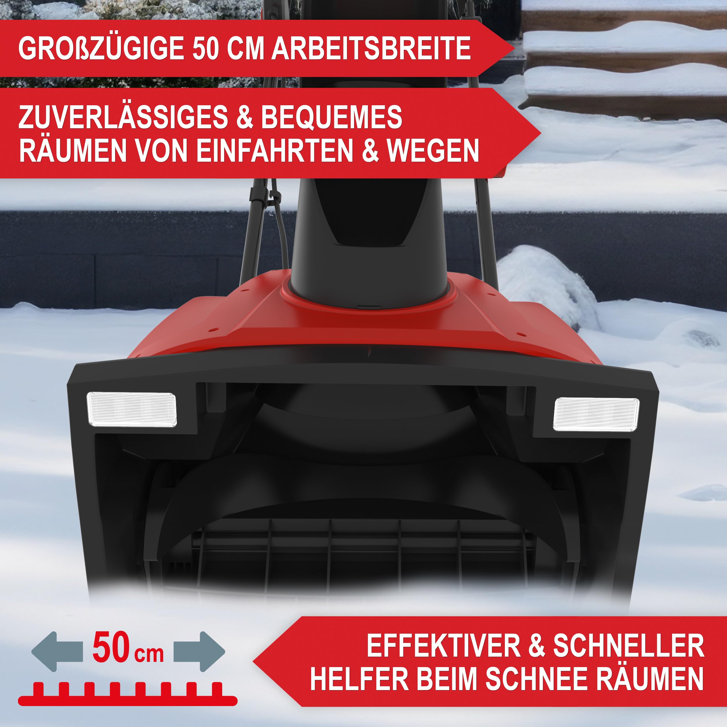 ONBEST Elektro Schneefräse – leistungsstarker 2300 Watt Elektro Motor – 50 cm Arbeitsbreite – LED-Scheinwerfer – 25 cm Arbeitshöhe – 9 m Auswurfweite – Kabelzugentlastung – Electric Snow Blower