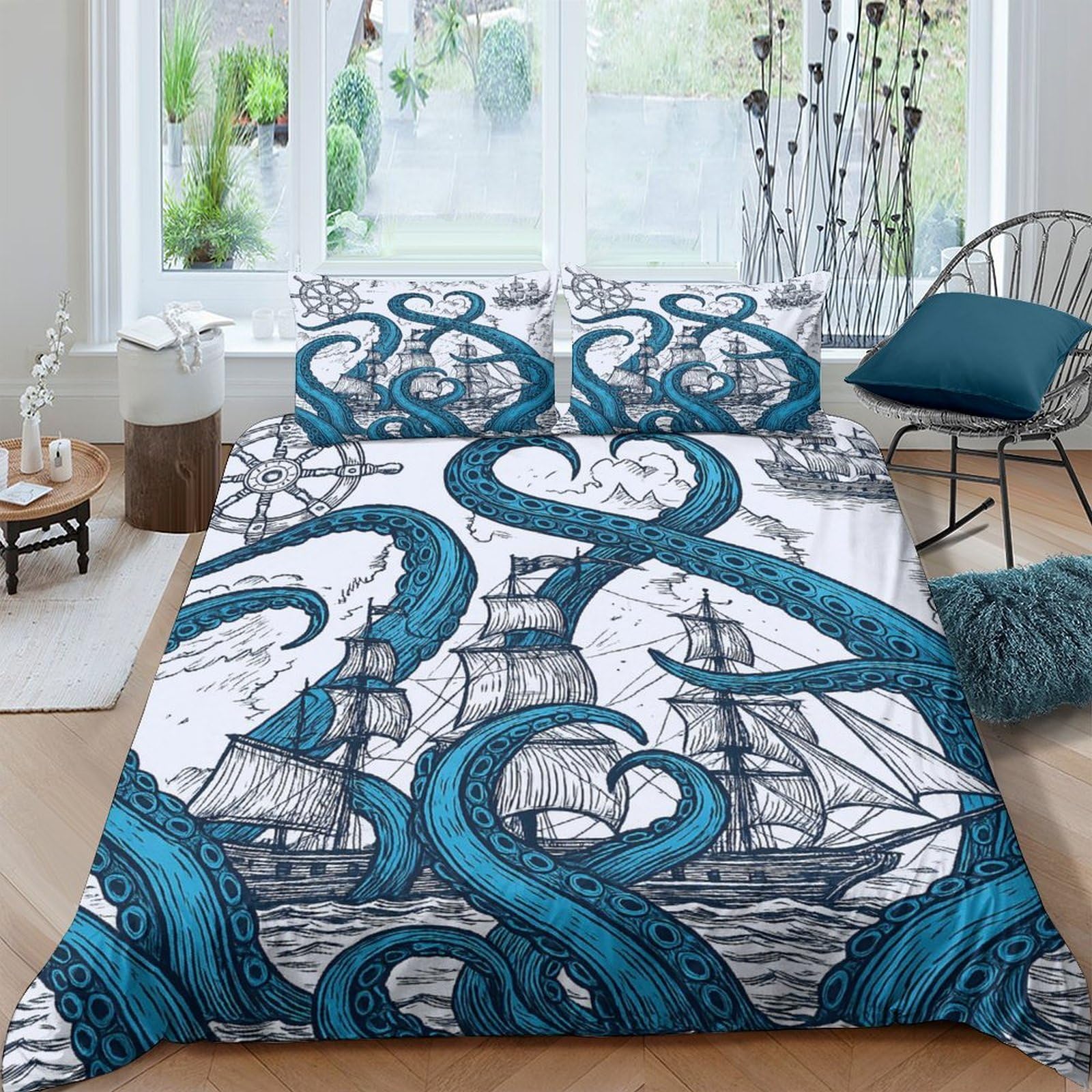 Ctjqhvkz Style-2 3D Printed Octopus Kraken Fitted Sheet Microfiber Soft Blue Nautical Ship Mattress Cover Bedroom Decor Single（135X200cm）