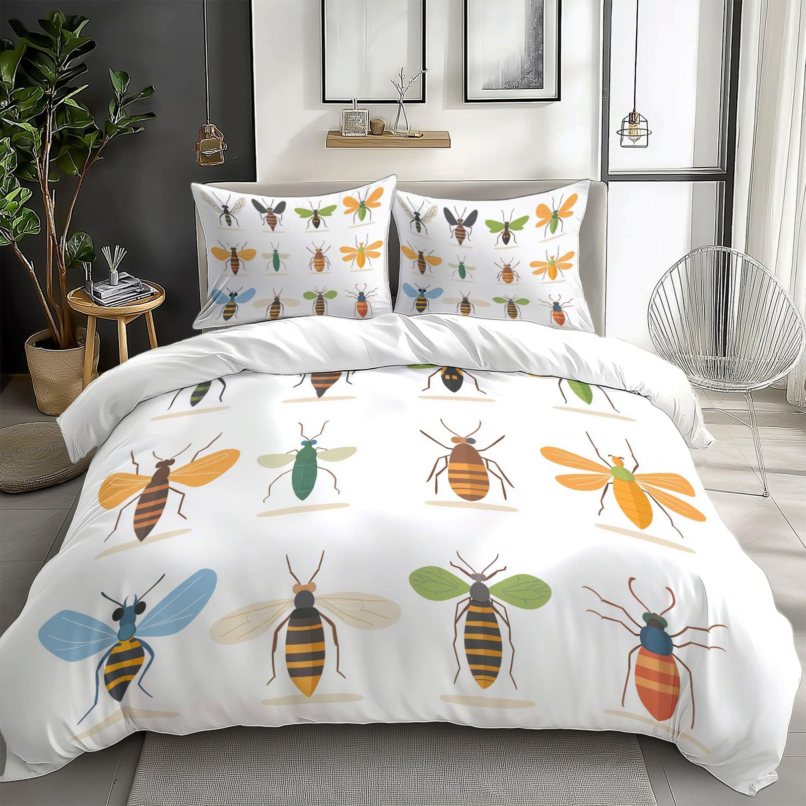 Parure de lit imprimé insectes de dessin animé 220 x 240 cm housse de couette réversible, housse de couette insectes de bande dessinée parure de lit douce et respirante décor de chambre de luxe