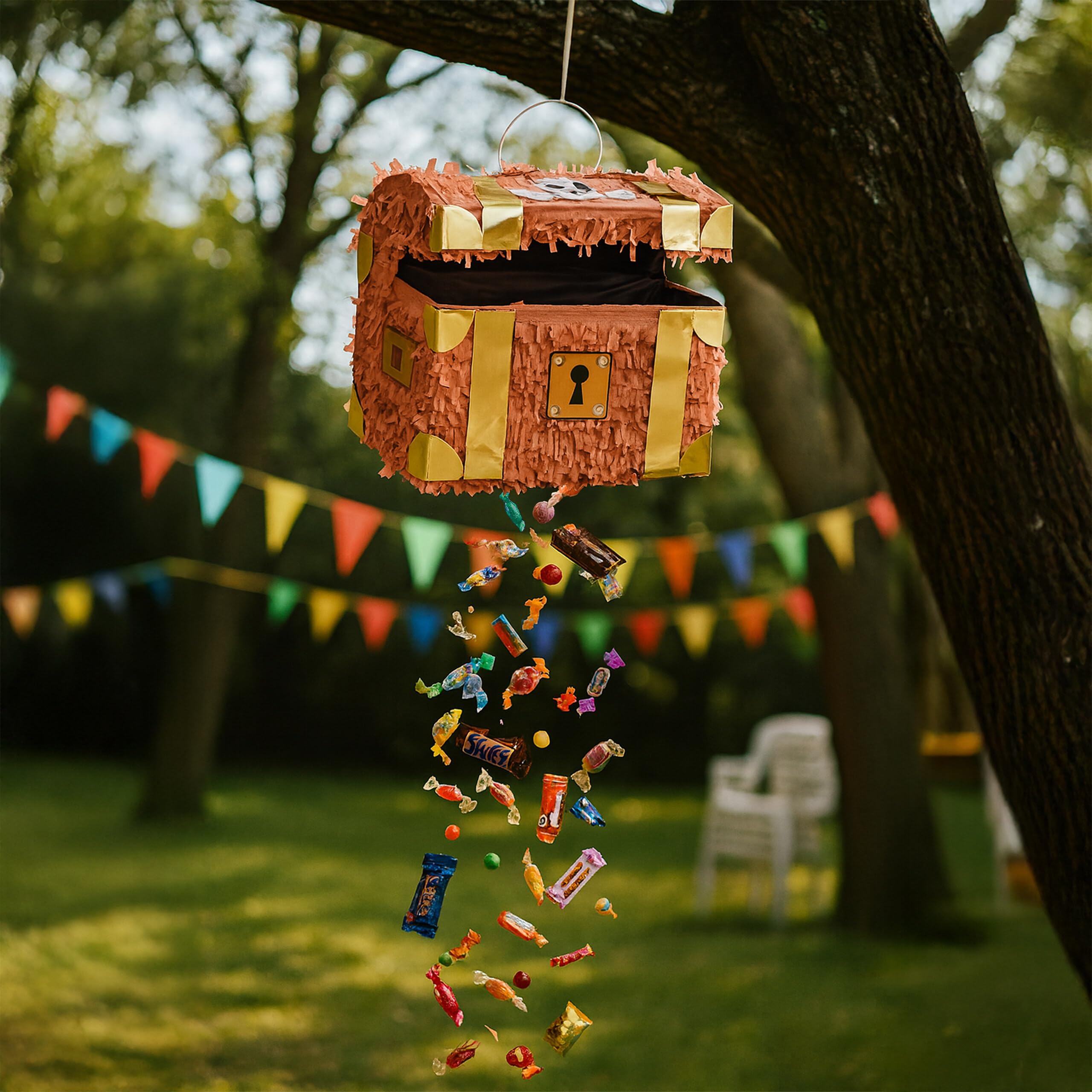 Relaxdays Piñata Scrigno del Tesoro con Bastone, Maschera e Misure 27x30x23 cm, Marrone
