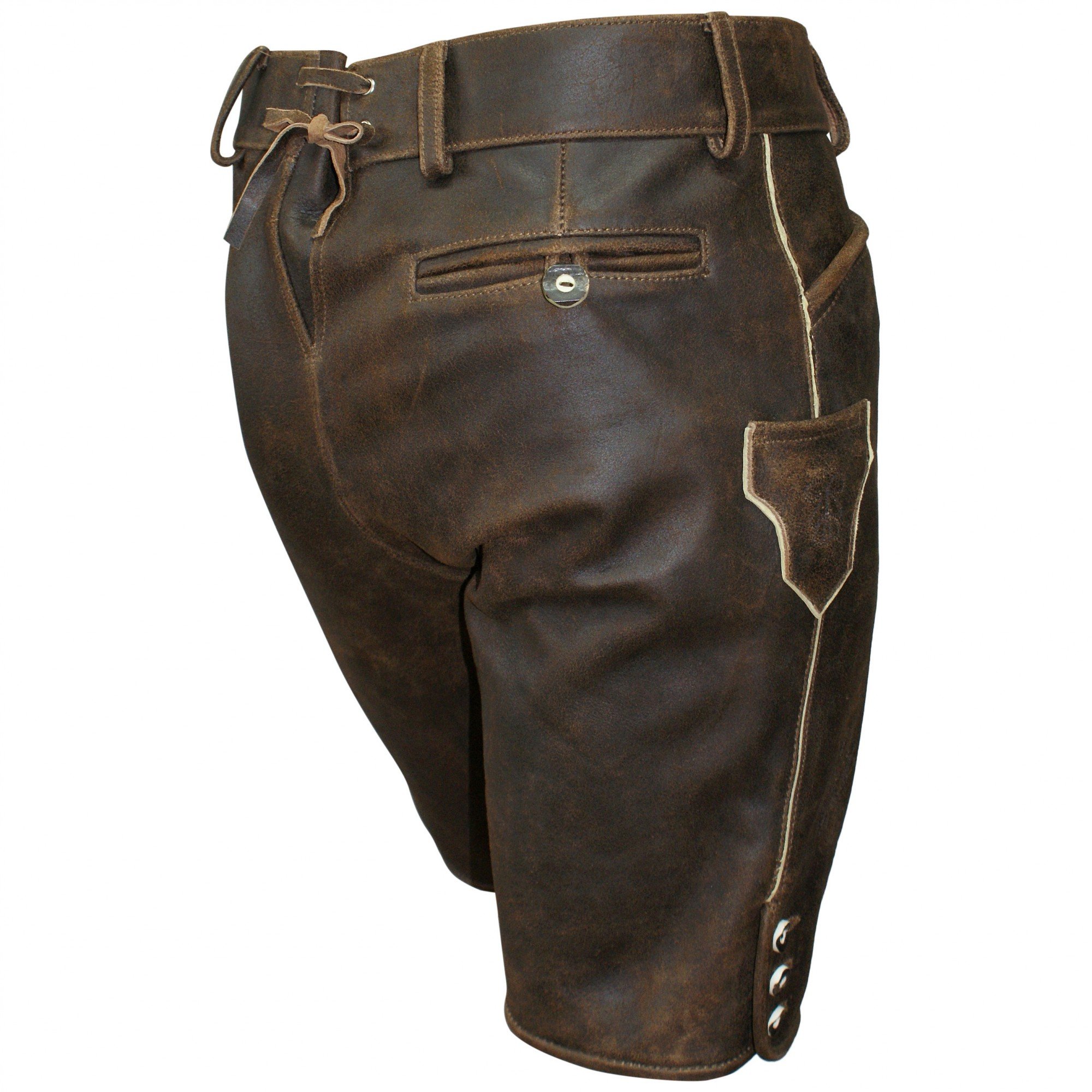 Lederhose kurz braun speckig Antik-Patina Trachten Leder Hose Trachtenlederhose Reißverschluß Zipp Hornknöpfe weiches Wildbockleder Herren (auch Damen) Freizeit und Wandern