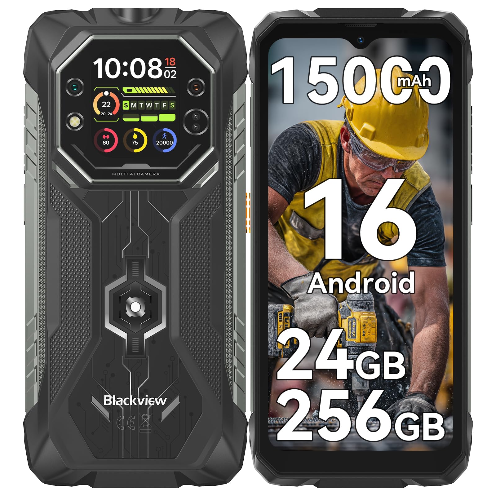 Blackview Android 16 Outdoor Handy für Baustelle & Camping, 15000mAh Dual-Screen Smartphone Ohne Vertrag, 20MP Nachtsicht, IP69K Wasserdicht, 24GB+256GB, Gemini AI/NFC/3 años de garantía