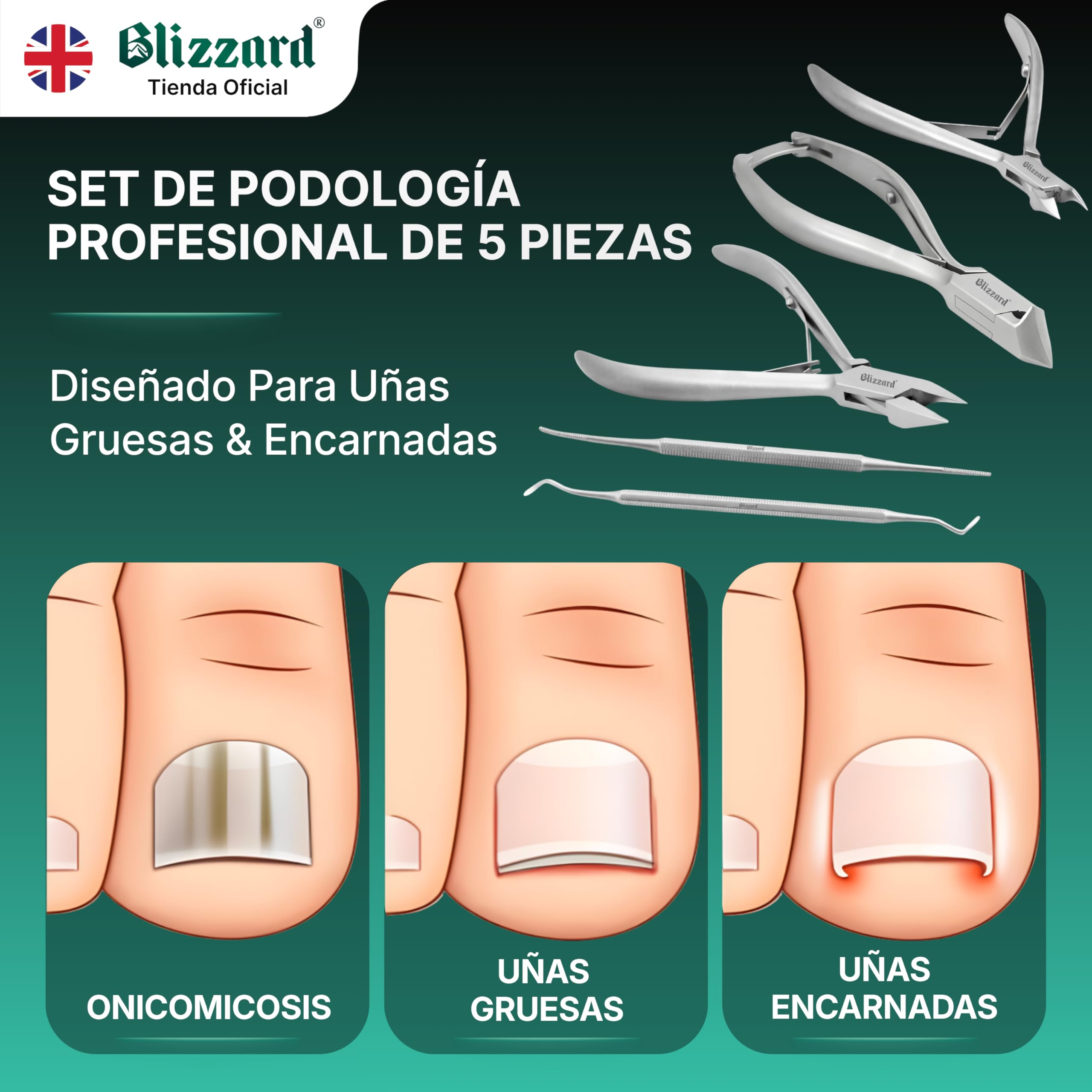 Blizzard Set de Podología Profesional 5 Piezas - Kit Pedicura para Uñas Gruesas y Encarnadas - Herramientas de Acero Inoxidable con Cortaúñas Alicates Cortacutículas Lima Elevador Podología Completo