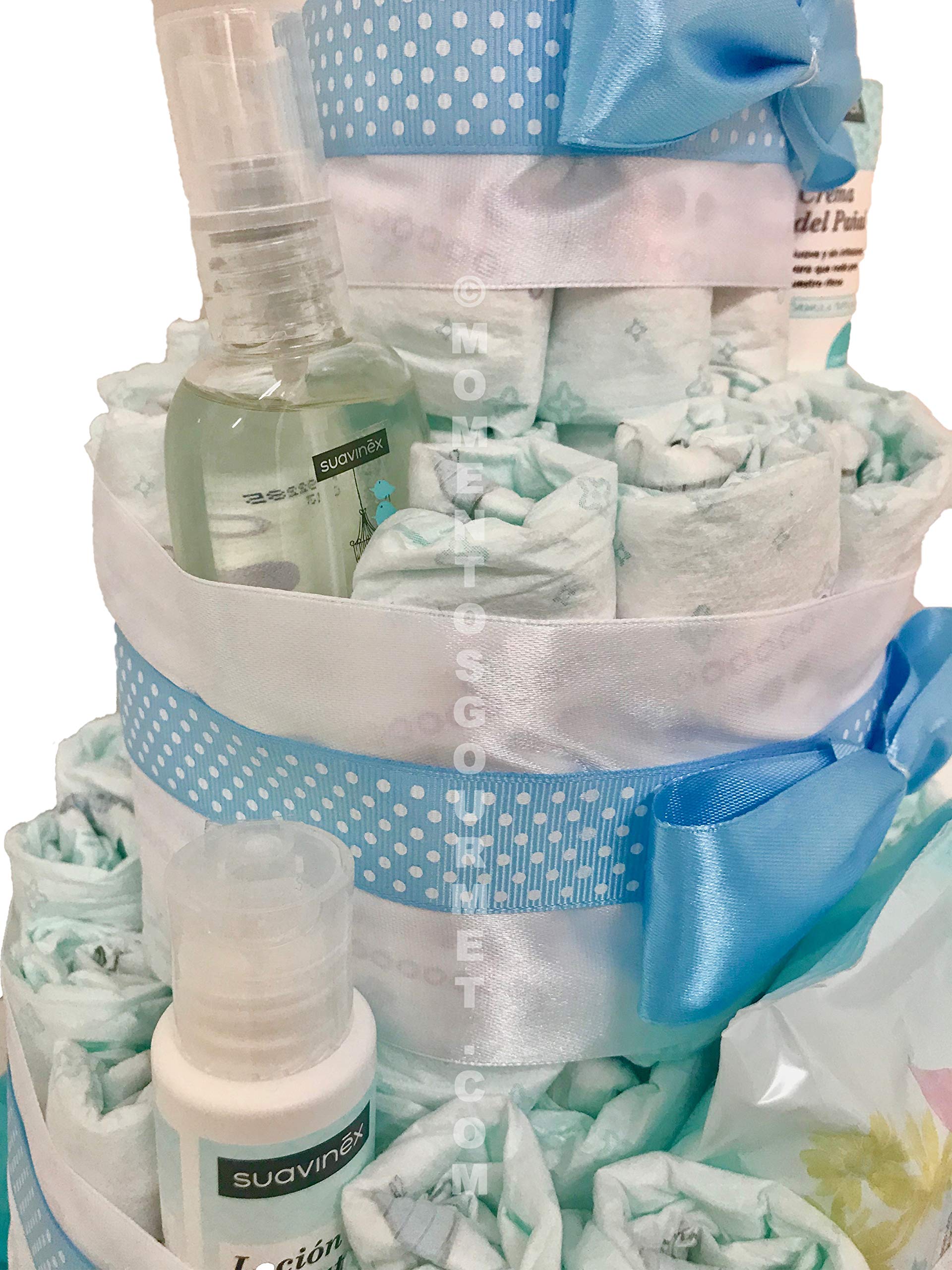 Tarta de pañales Suavinex azul (Talla 2 (3-6 kg)) by MomentosGourmet Añade tu dedicatoria personalizada. Regalo para bebé muy práctico. Cesta Canastilla recién nacido. Diaper Cake