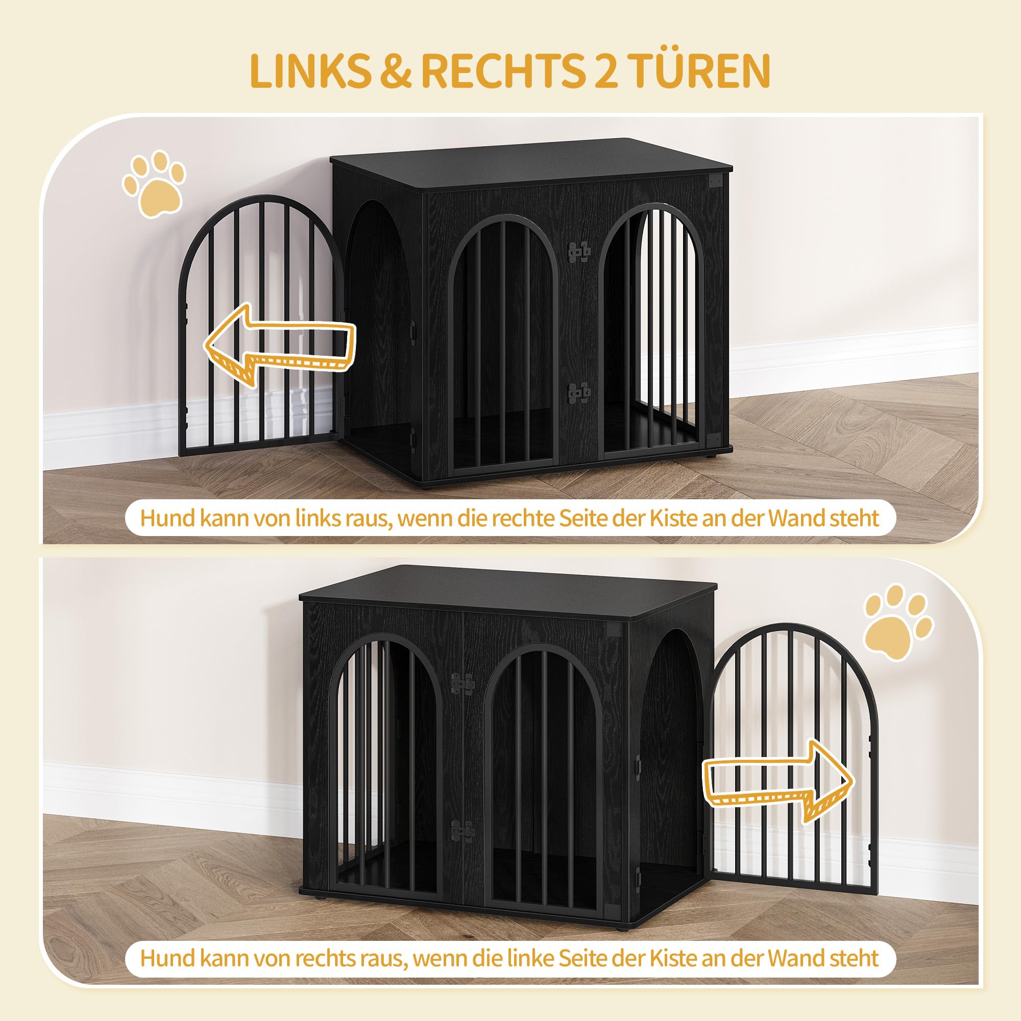 Hzuaneri Hundekäfig Möbel, 68 cm Hundebox für Zuhause, 3 Türen, Bogentür, Moderne Hundebox Indoor für Hunde, Beistelltisch, Hundekäfig Hochbelastbar, 68 x 49 x 56 cm, Schwarz DFC85504B