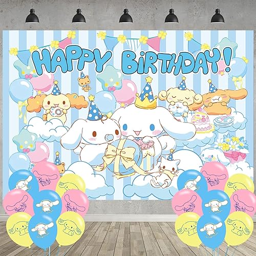 Cinnamoroll - Decoración de fiesta de cumpleaños, lindo fondo de fotos de fiesta de dibujos animados de 5 x 3 pies y 18 globos, bonitos suministros de ELZEM Ocasión Fiesta