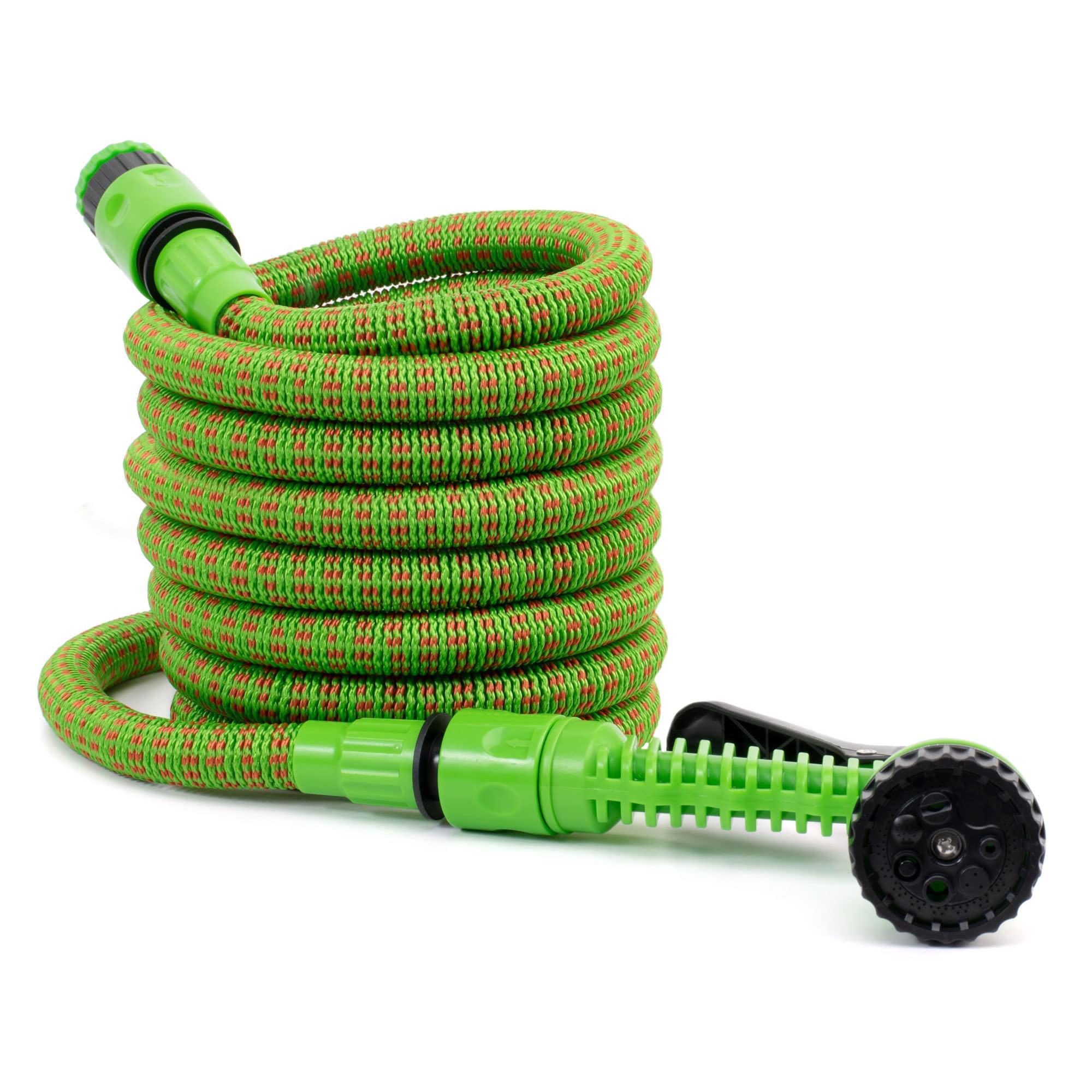 Manguera De Jardín Flexible 10 M - Kit Con Soporte De Pared Y Boquilla De 7 Modos, Color Verde/Gris