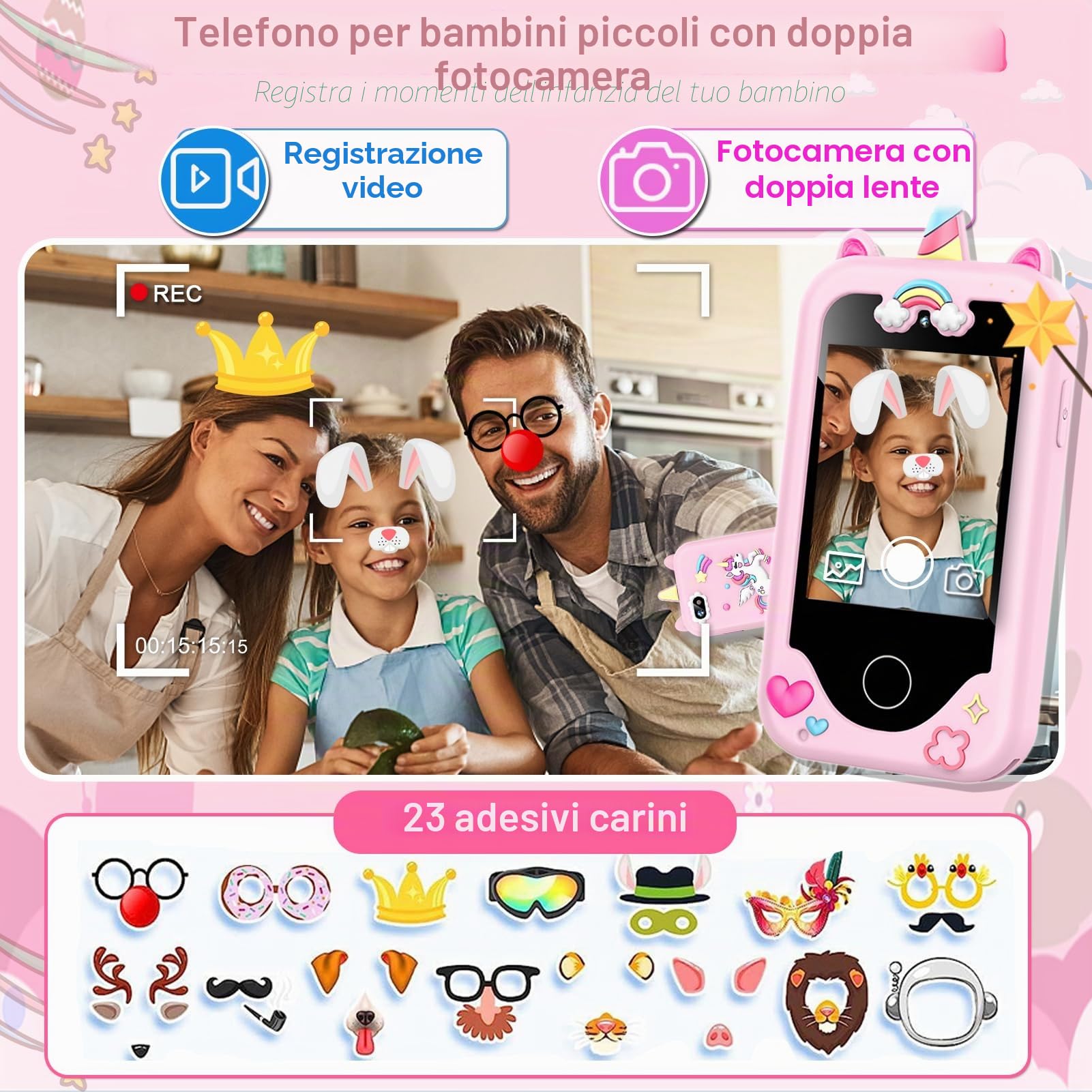 Telefono per bambini per ragazze, unicorni, regali per ragazze dai 3 ai 10 anni, giocattoli di Natale per bambini, giocattoli per bambini con touch screen, con doppia fotocamera, gioco, lettore
