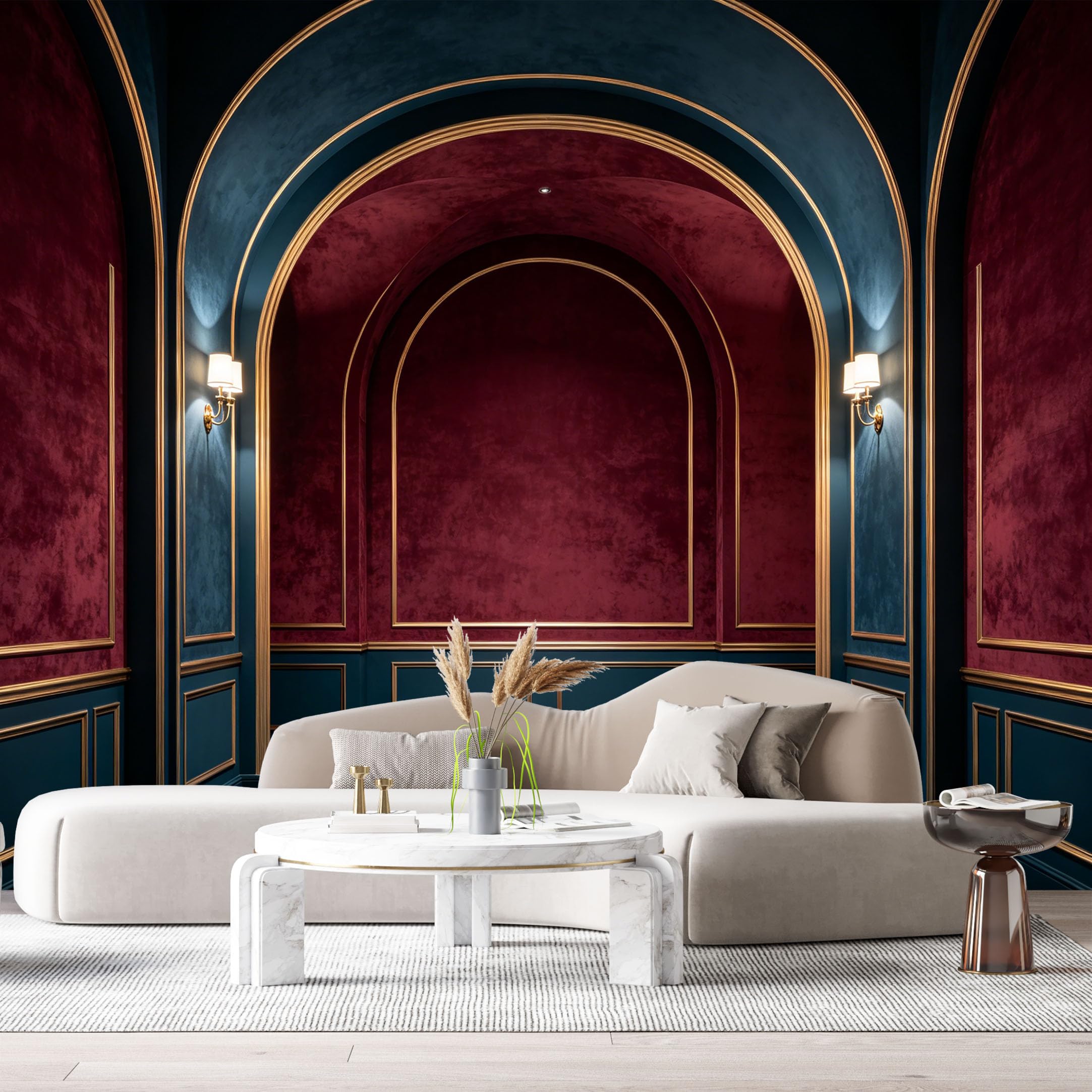 Custom Size Wall Murals Neoclassical Arched Hallway Deep Red Velvet Blue Gold Trim SelfAdhesive Wall Fabric Removable Large Wallpaper for Photo Living Room