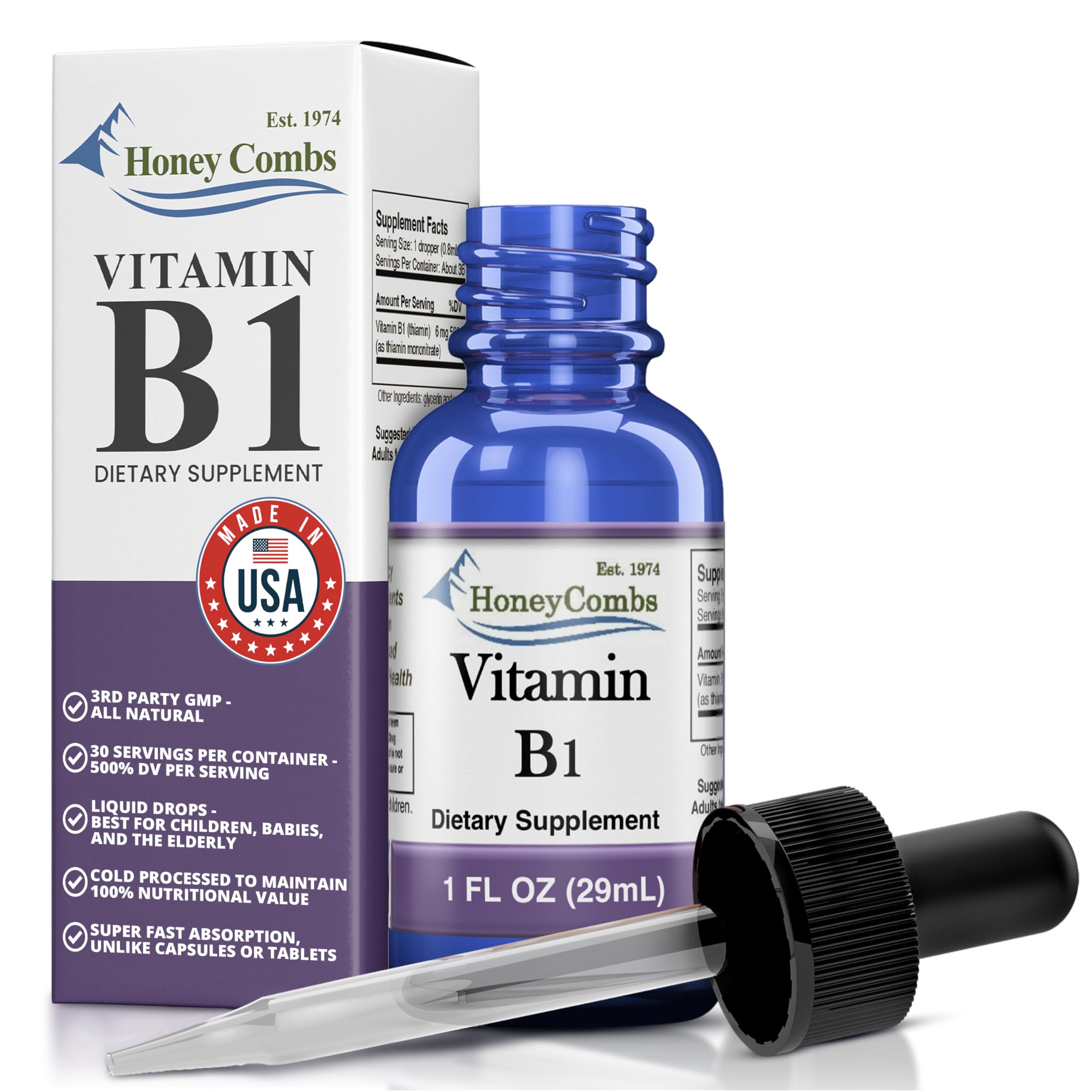 HoneyCombs - Vitamin B1 (Thiamine) Drops - High Potency Liquid Extract - 1 Fluid Ounce