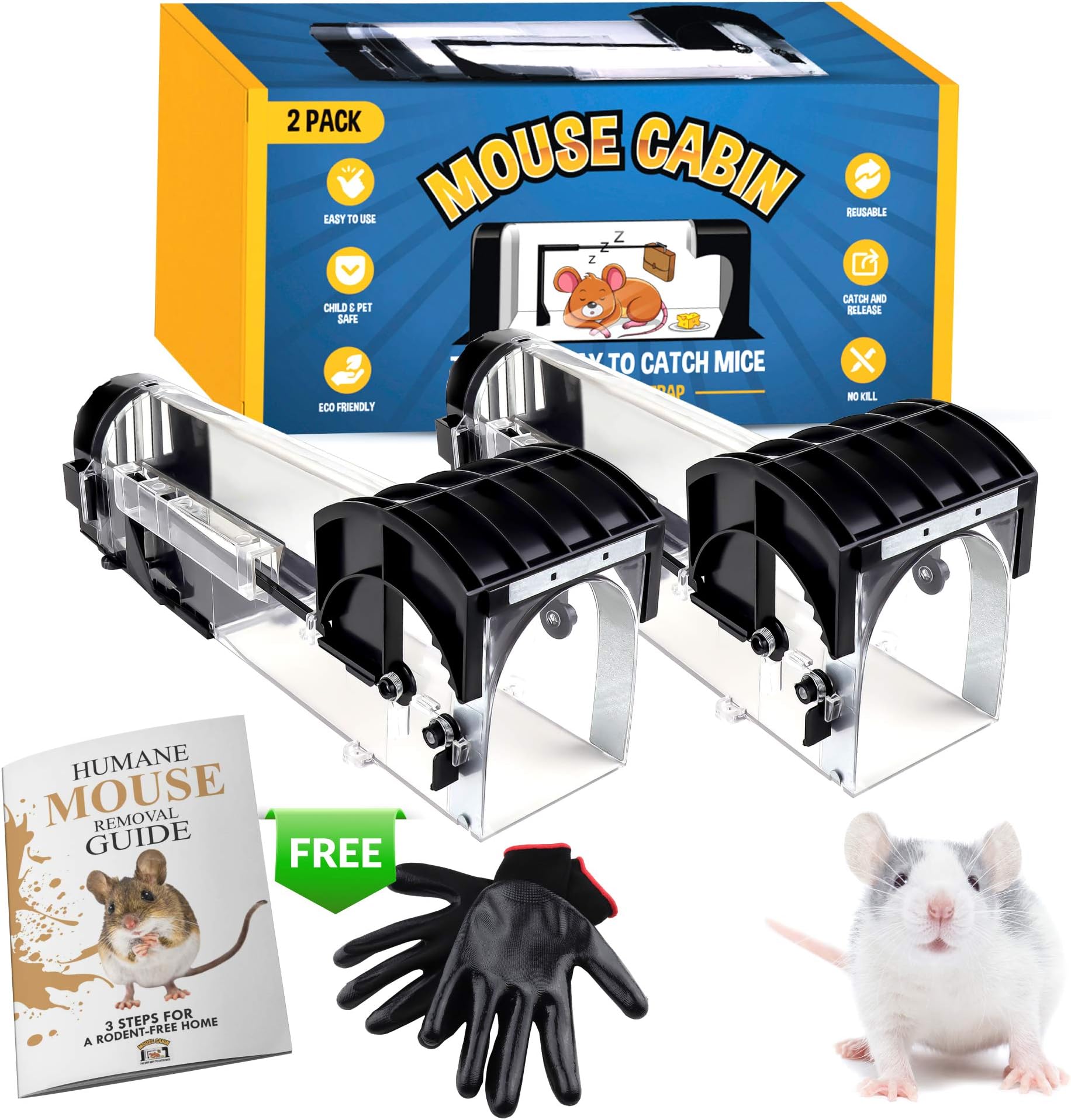 MOUSE CABIN Humane Mouse Trap, NO KILL, Rodent Control Indoors and Outdoors, Live Mice Trap, Pet And Child Friendly, Large Size 32cm, Reusable. FREE PAIR OF SAFETY GLOVES + 18 PAGE EBOOK