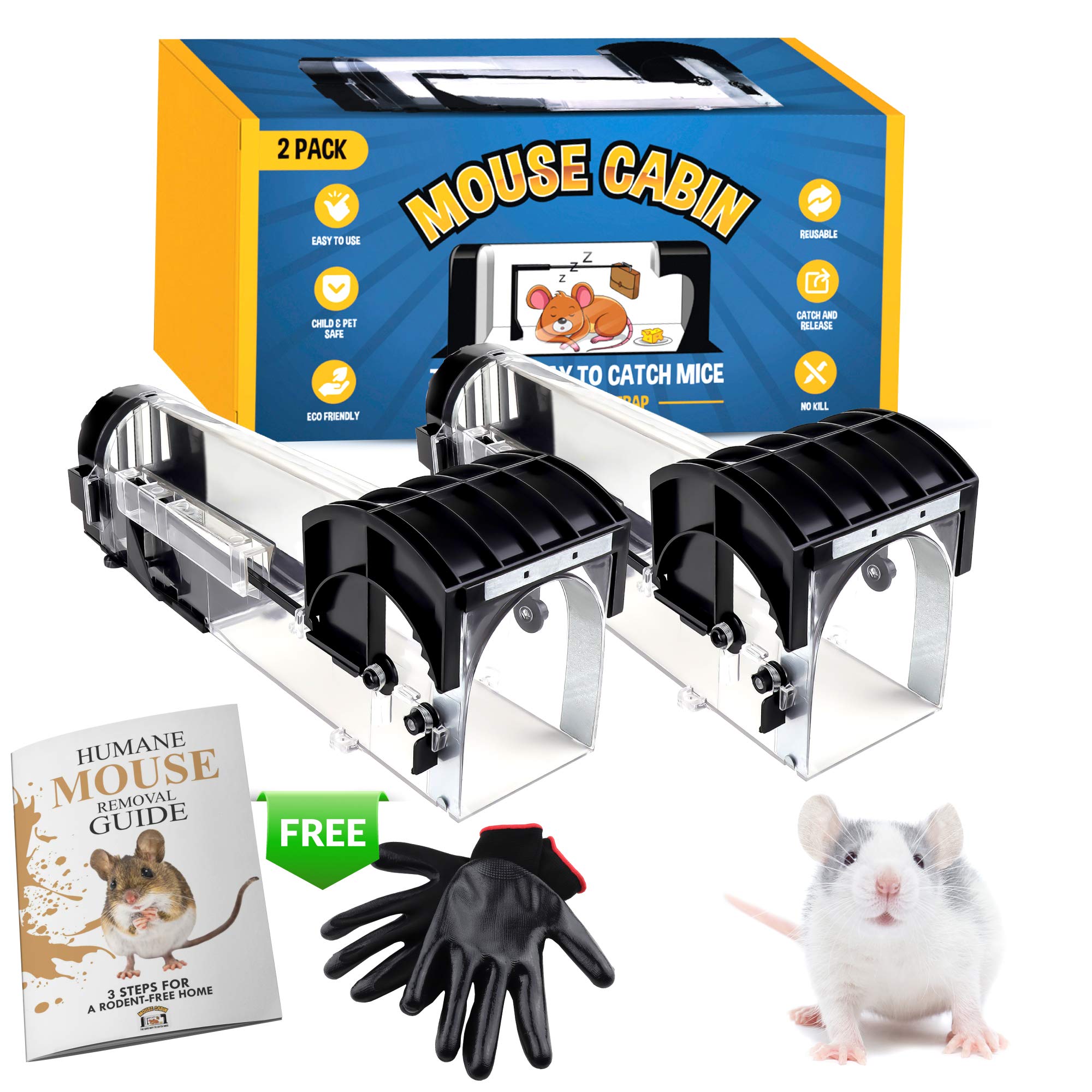 MOUSE CABIN Humane Mouse Trap, NO KILL, Rodent Control Indoors and Outdoors, Live Mice Trap, Pet And Child Friendly, Large Size 32cm, Reusable. FREE PAIR OF SAFETY GLOVES + 18 PAGE EBOOK