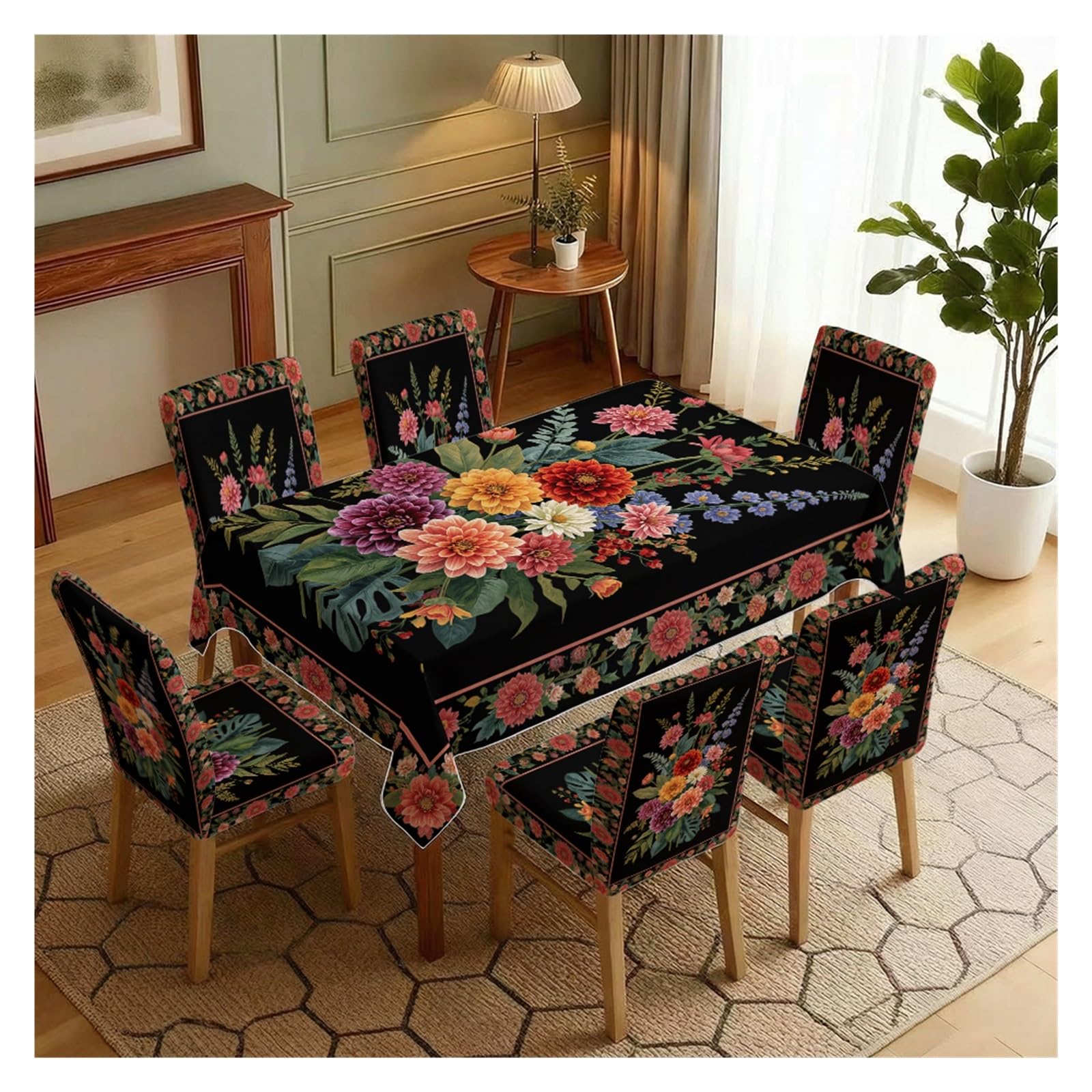 KXUAUV Dark Floral Print Stretch Dining Chair Covers & Tablecloth Set, 5/7 Pack Party Decor(7pcs Set: Tablecloth+Chair Covers)