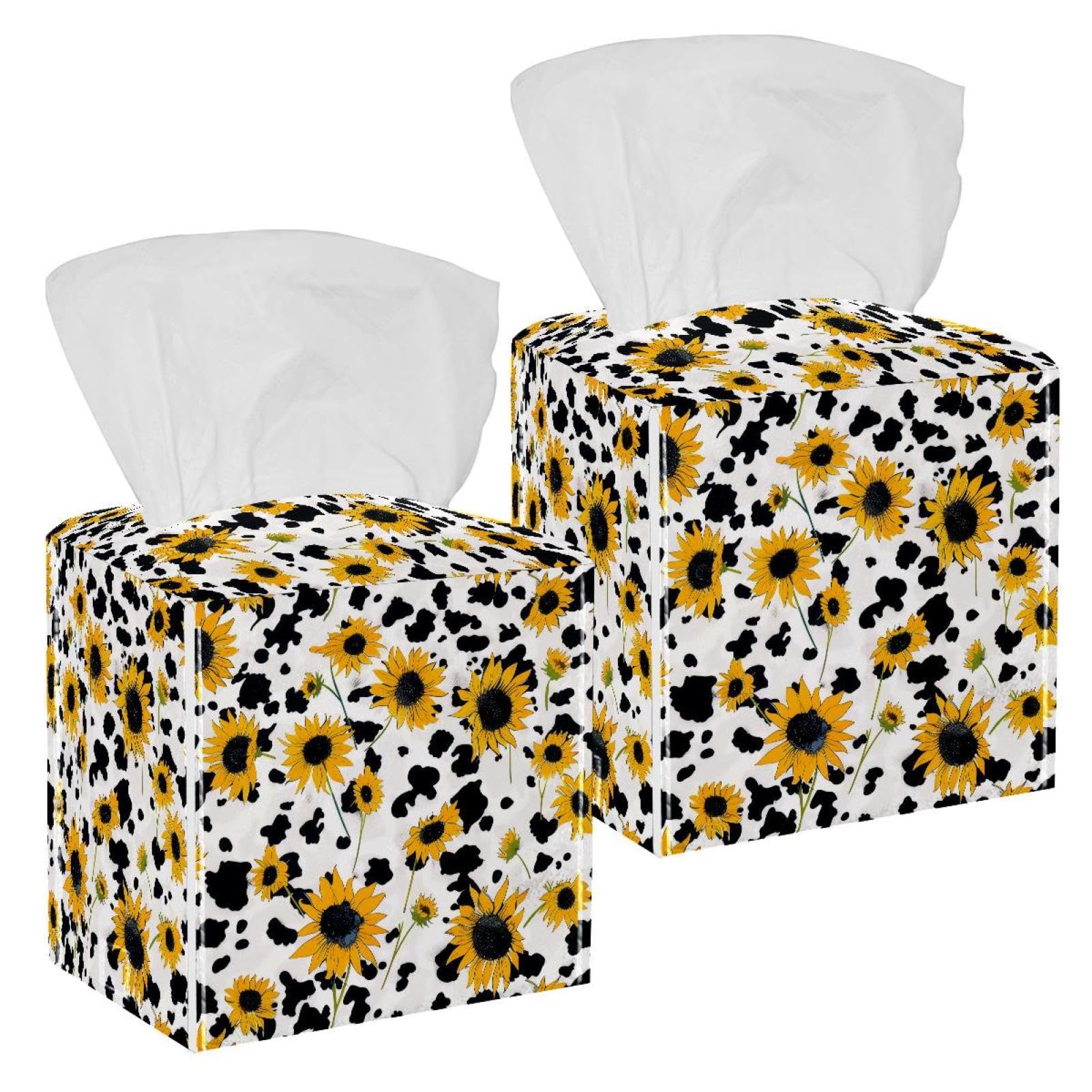 Sunflower Tissue Box Cover, 2 Pack PU Leather Square Facial Tissue Dispenser Box holder for Home Office Car