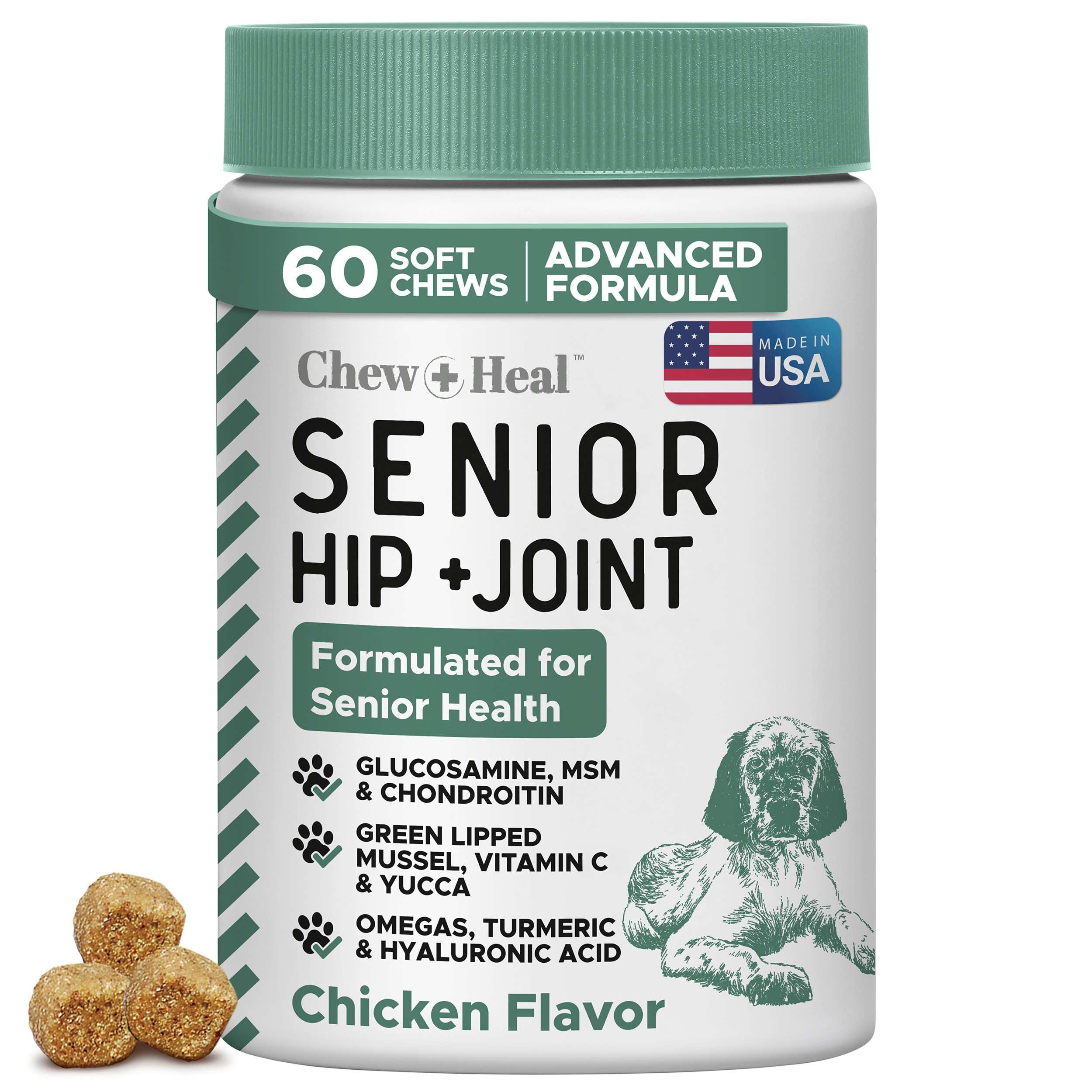 Chew + Heal Labs Glucosamine for Dogs Hip and Joint Supplement - 60 Senior Dogs Mobility Soft Chews - Made with Glucosamine, MSM, Chondroitin, Green Lipped Mussels and More - Made in The USA