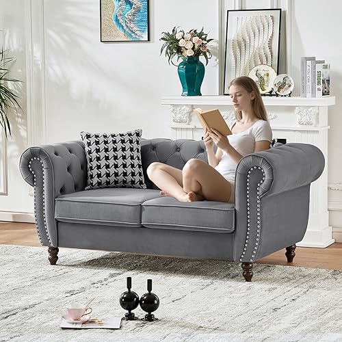 Miniatura 22 de Sofá biplaza moderno de terciopelo negro de mediados de siglo, sofá Chesterfield de 67 pulgadas con ribete de cabeza de clavos, brazo enrollado,