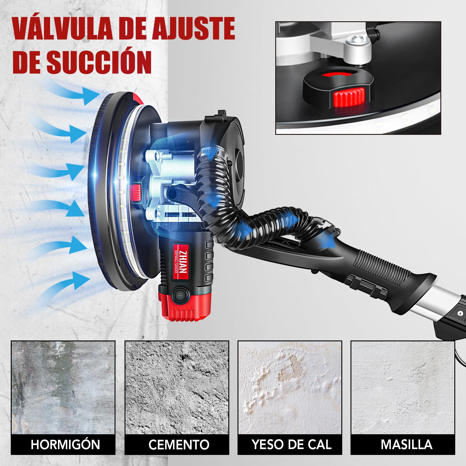Lijadora Pared y Techo ZHJAN (880W) con Recogida de Polvo de Vacío, 1000-2100 RPM, Lijado en ángulo Muerto, Luz LED, Mango Extensible/plegable, 5 Velocidades,Para Techos Popcorn,Compatible Aspiradoras