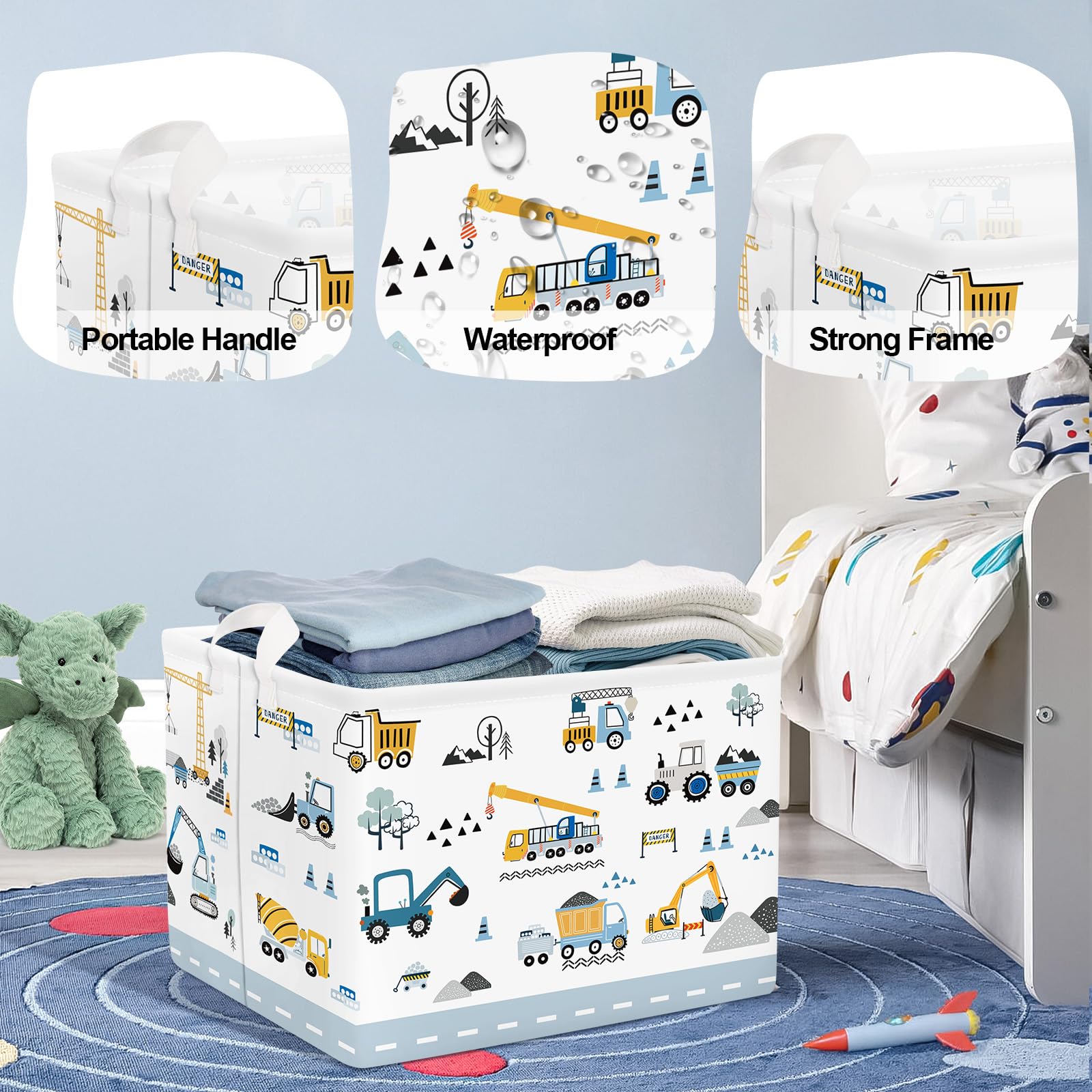 HUUMONSS Cartoon Cars Storage Basket for Parents Organizing Kids Toys Clothes Large Boys Gift Toy Box Bin Laundry Hamper for Bathroom Shower,Crane,36L - Image 4