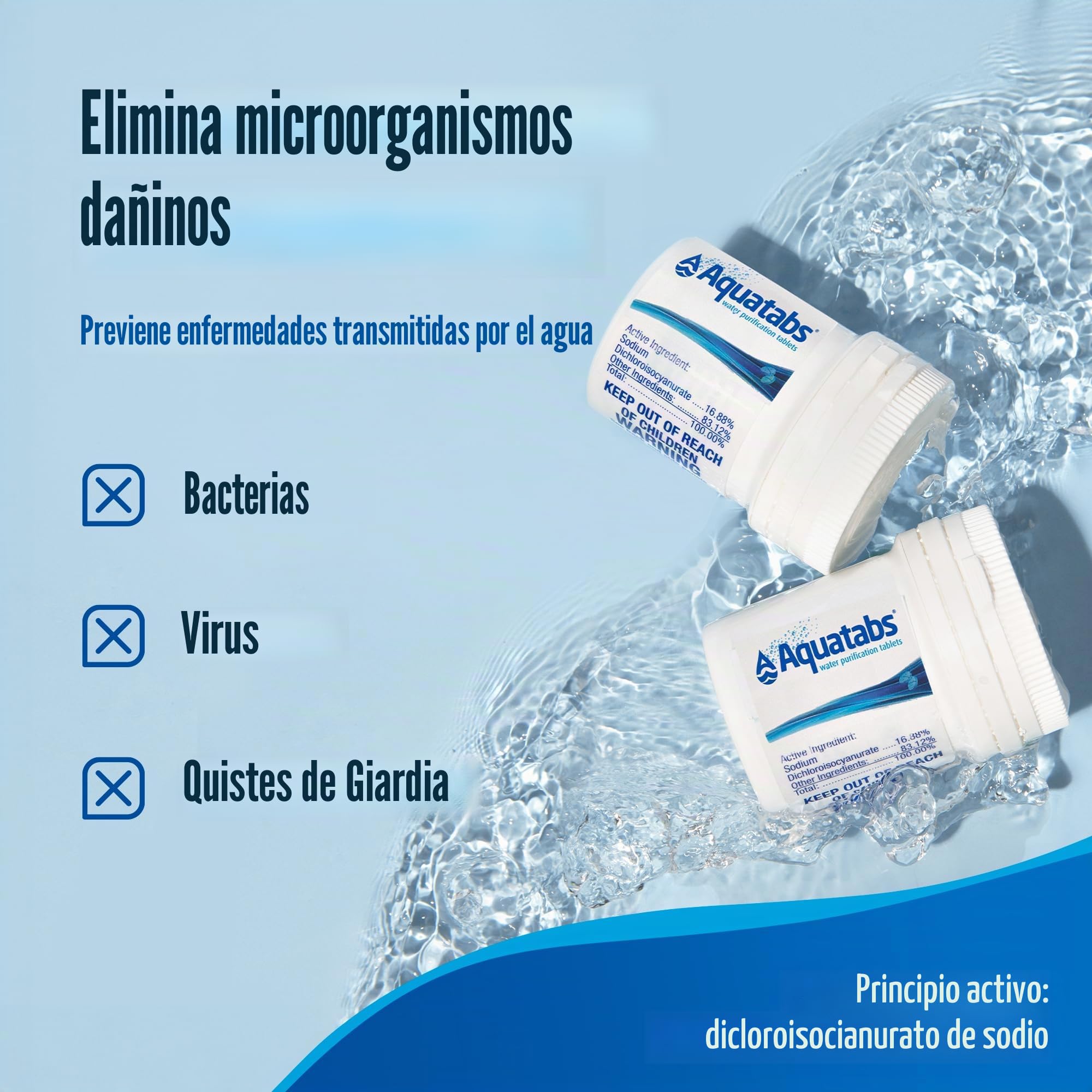Aquatabs Tabletas de purificación de agua para beber – 100 tabletas + 2 tiras de prueba de cloro – Kit de iniciación purificador de agua – para tanques de barco y RV – por Aquamarine Water Solutions