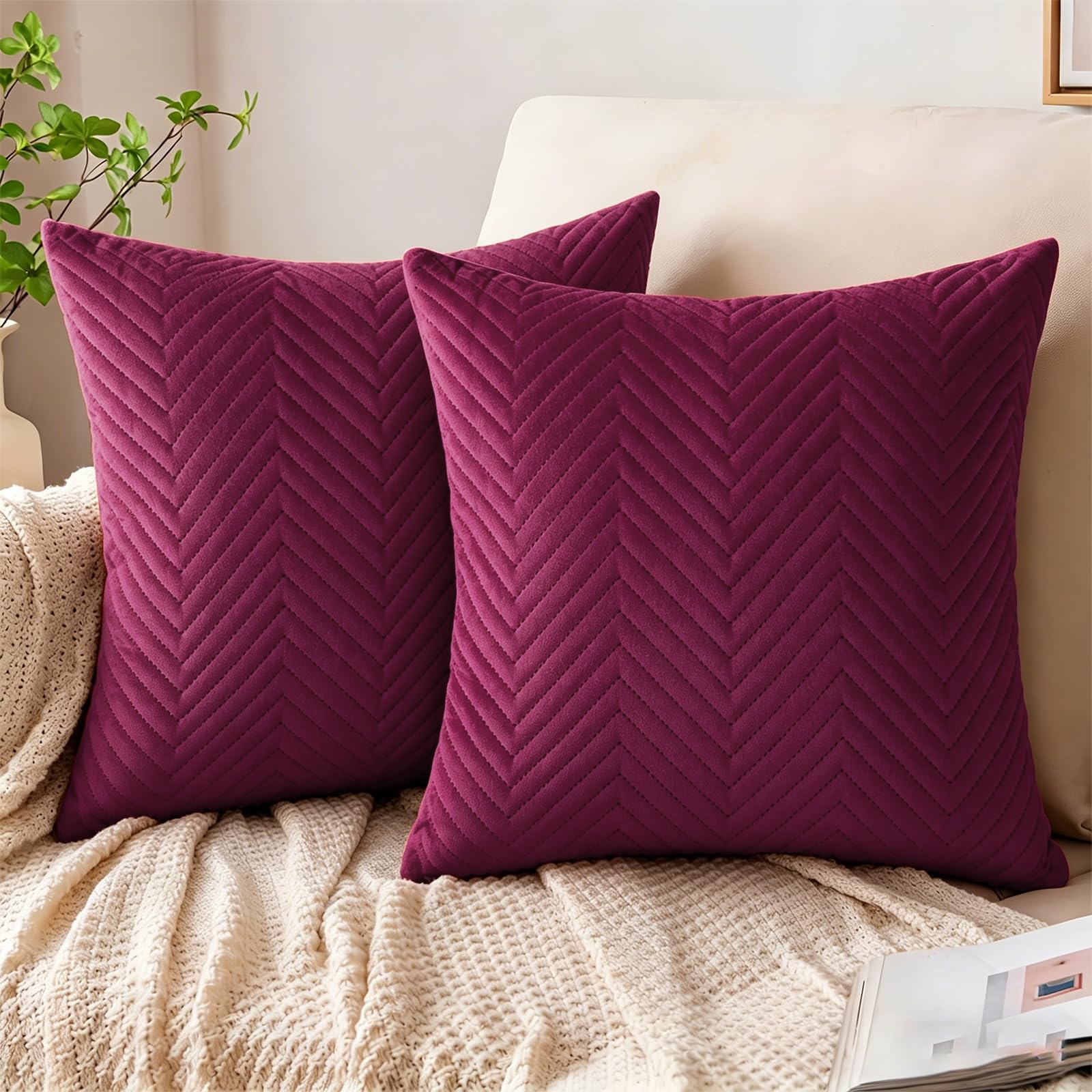 AMFUN 2-Pack Velvet Square Throw Pillow Case, 45 x 45 cm, Soft Cushion Covers with Invisible Zipper for Living Room Sofa Bedroom(Royal Red)