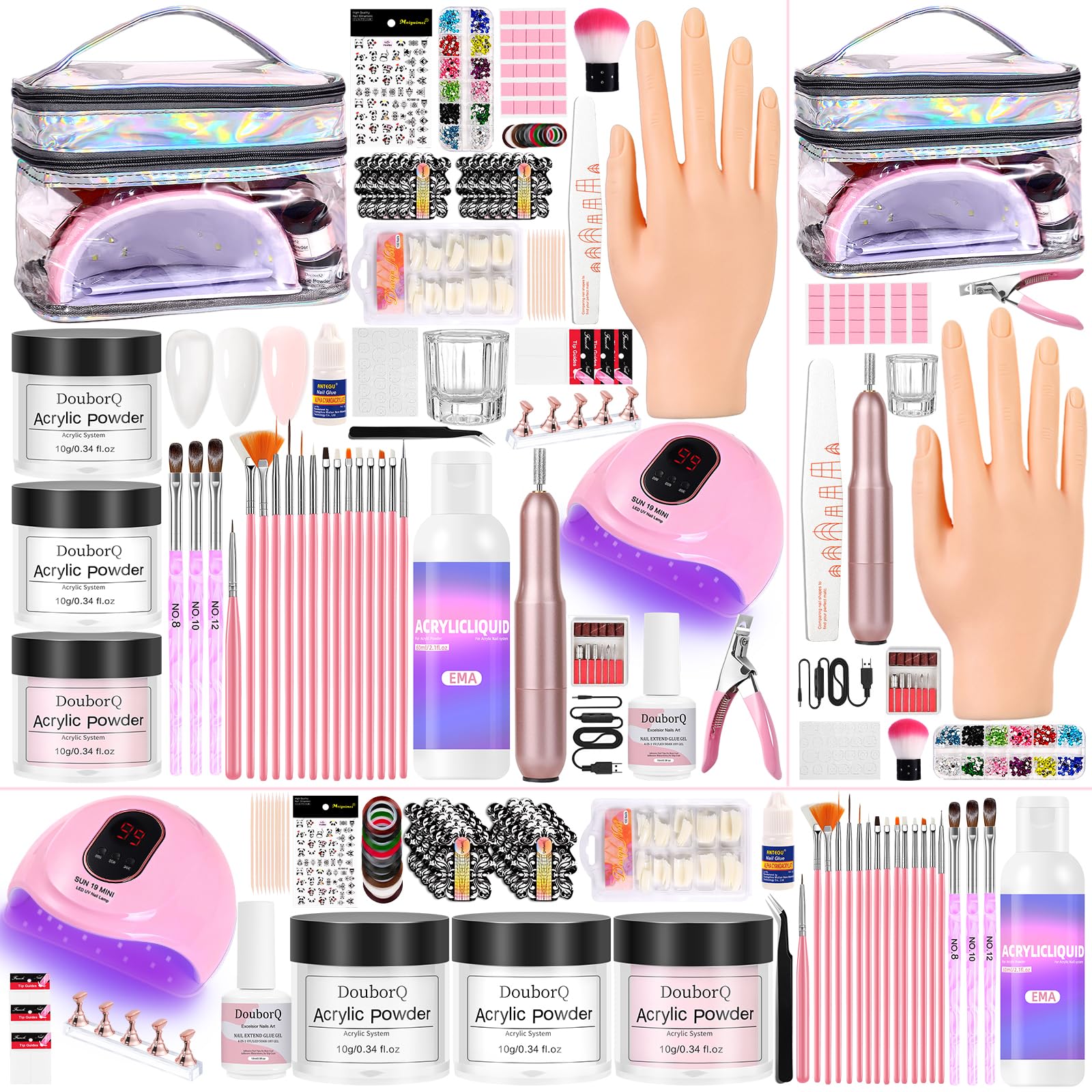 Major Dijit Acryl-Nagelset – UV-LED-Lampe, Pulver, Monomer, Übungshand, Strasssteine, Formen, 4-in-1-Gel-Nagellack, silberne Kosmetiktasche – erzielen Sie zu Hause Ergebnisse in Salonqualität.