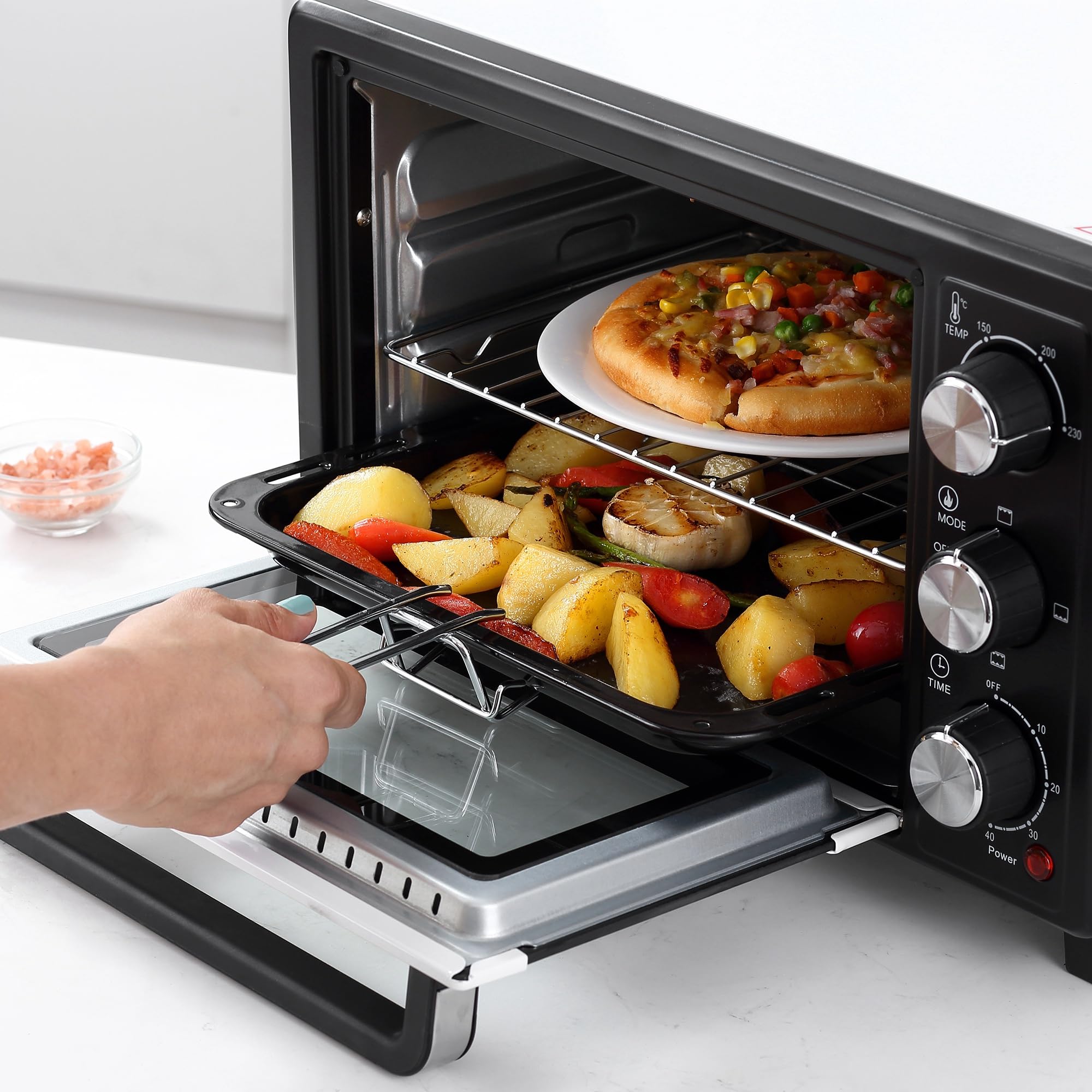 HOMCOM Horno Eléctrico de Sobremesa 16L 1400W Horno Portátil Mini Horno con 3 Modos de Calor Temperatura hasta 230 ℃ Temporizador 60 min Bandeja de Horneado y Rejilla 44x32x28,1 cm Blanco y Negro