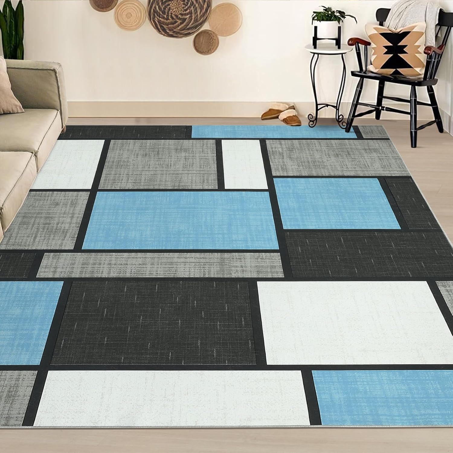 GlowSol Area Rugs 9x12 Living Room Machine Washable Rugs Geometric Modern Rug Non Slip Carpet for Bedroom Large Area Rug Stain Resistant Throw Rugs Classroom Office Rug Sky Blue 9'x12'