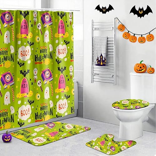 Miniatura 22 de Juego de 4 cortinas de ducha de Halloween, juego de baño de Halloween con cortina de ducha y alfombras, cubierta de tapa de inodoro, cortina de