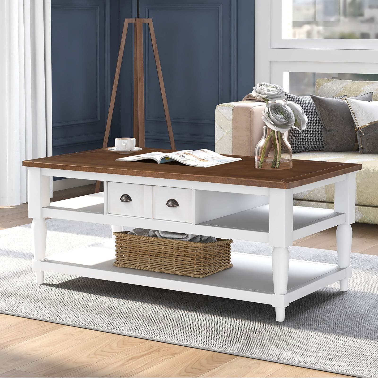 SSLine Wooden Coffee Table with Storage Drawer & Shelves Farmhouse Living Room Cocktail Table Rustic Brown Finish Center Table with White Pinewood Leg for Home Office Reception Room