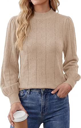 Okiwam Women's Mock Neck Lightweight Crochet Pullover Sweater