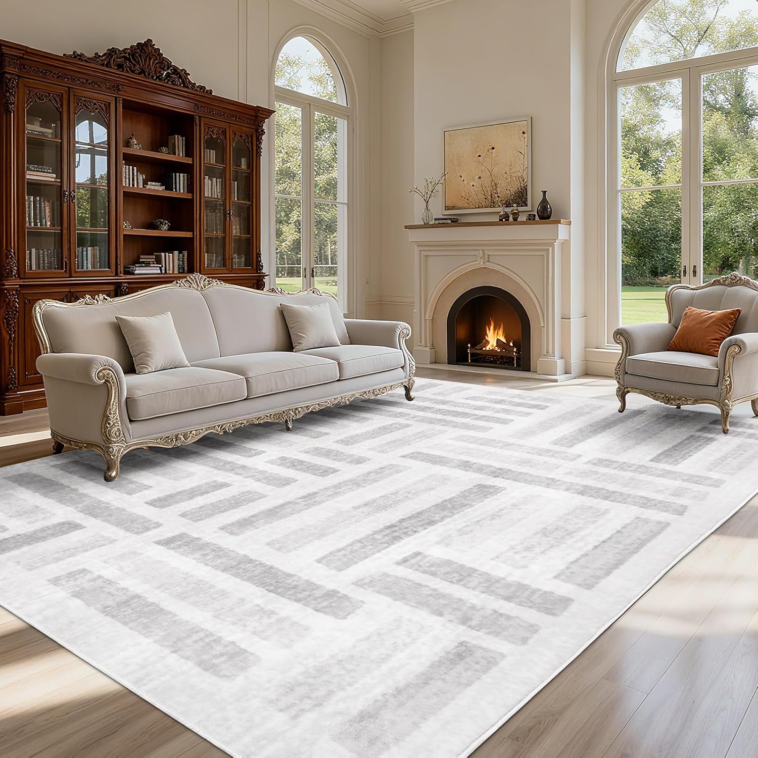 Washable Area Rugs,8x10ft Soft Rug for Living Room and Bedroom Vintage Striped Rug Stain Resistant with Non Slip Backing Geometric Checkered Foldable Print Mat for Home Decor