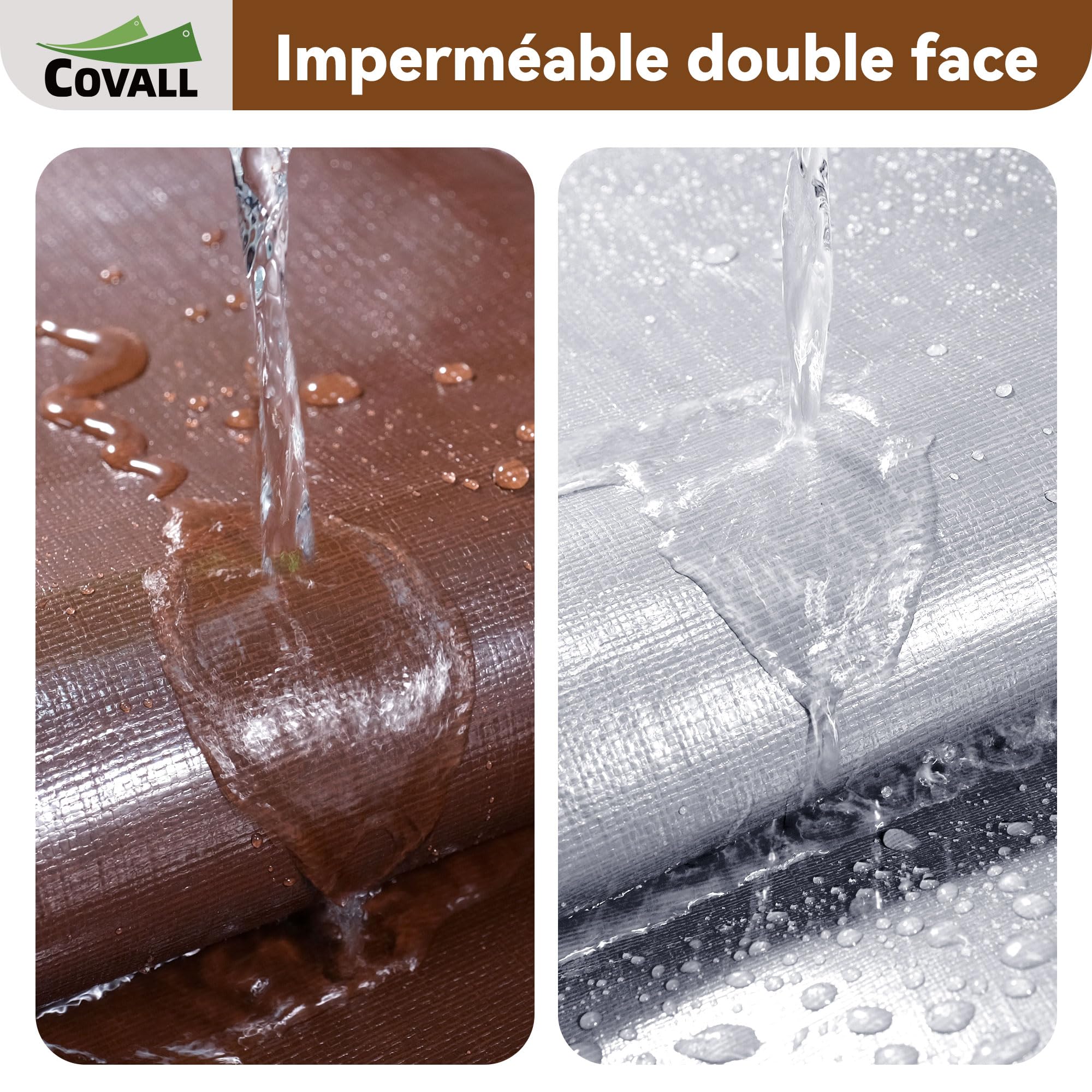 Bâche 1,5x2m 155g/m² Imperméable en Polyéthylène, Anti-UV | Polyéthylène haute densité, œillets soudés renforcés, anti-UV, résistante aux intempéries, jardin, camping (Argent/Marron)