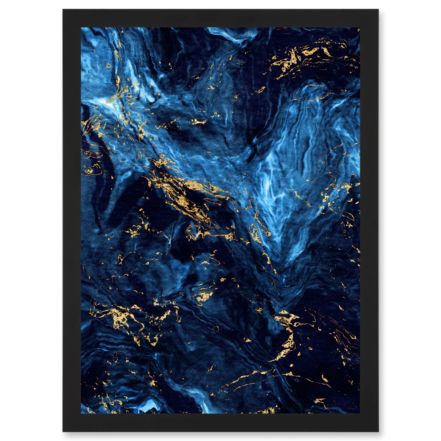 Abstract Dark Blue Gold Swirl Watercolour Framed Wall Art Print A4 - Artery8