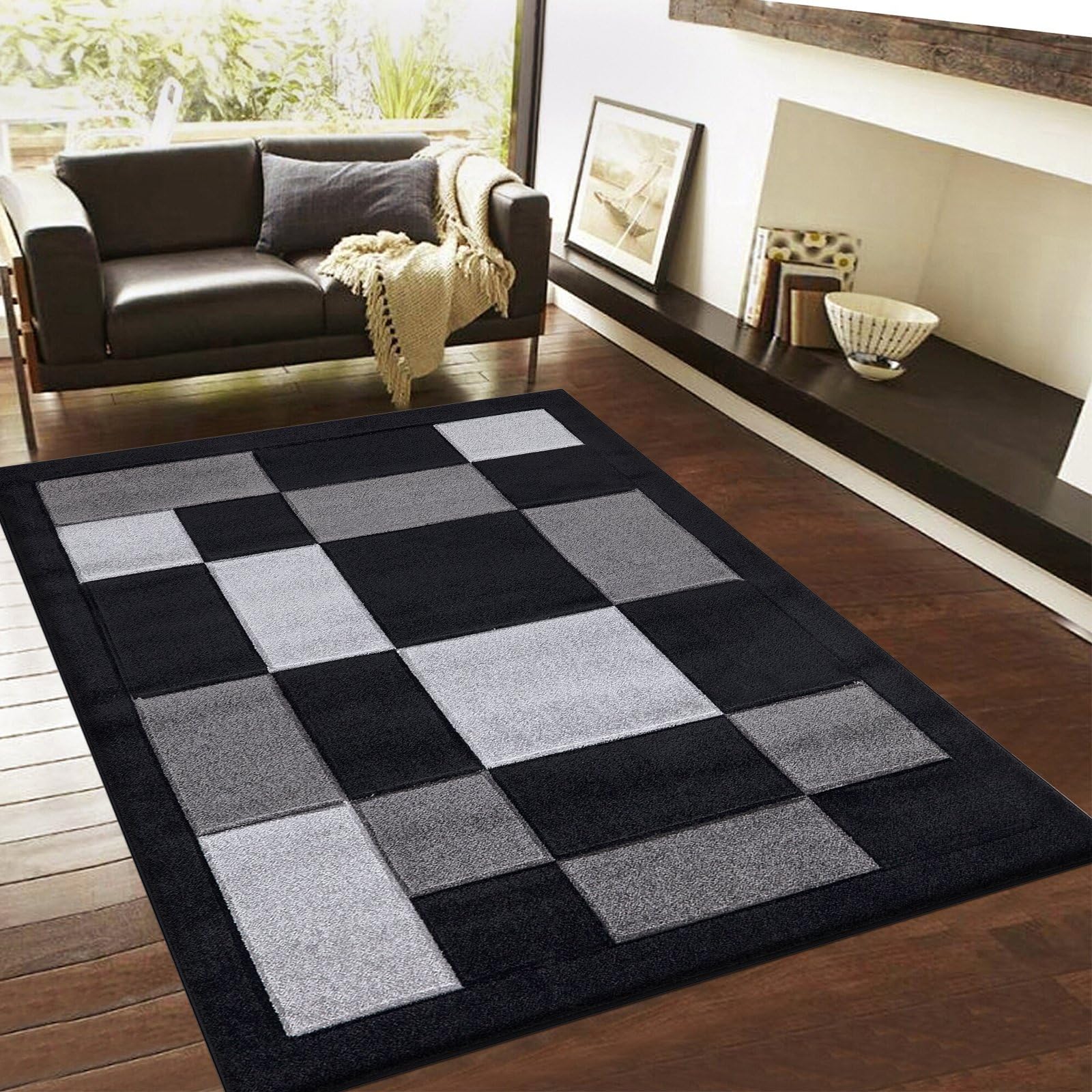 renoazul® Large Carpet Rug for Living Room, Hallway, Bedroom and Office, 160 x 230 cm, BlackGrey, Washable Pets Friendly Geometric Carpet Rug — image 1